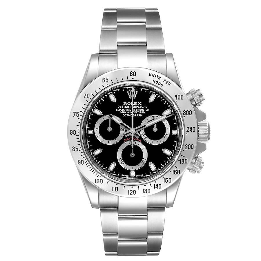 Rolex Daytona Black Dial Chronograph Steel Mens Watch 116520. Officially certified chronometer self-winding movement. Stainless steel case 40 mm in diameter. Special screw-down push buttons. Stainless steel tachymeter engraved bezel. Scratch