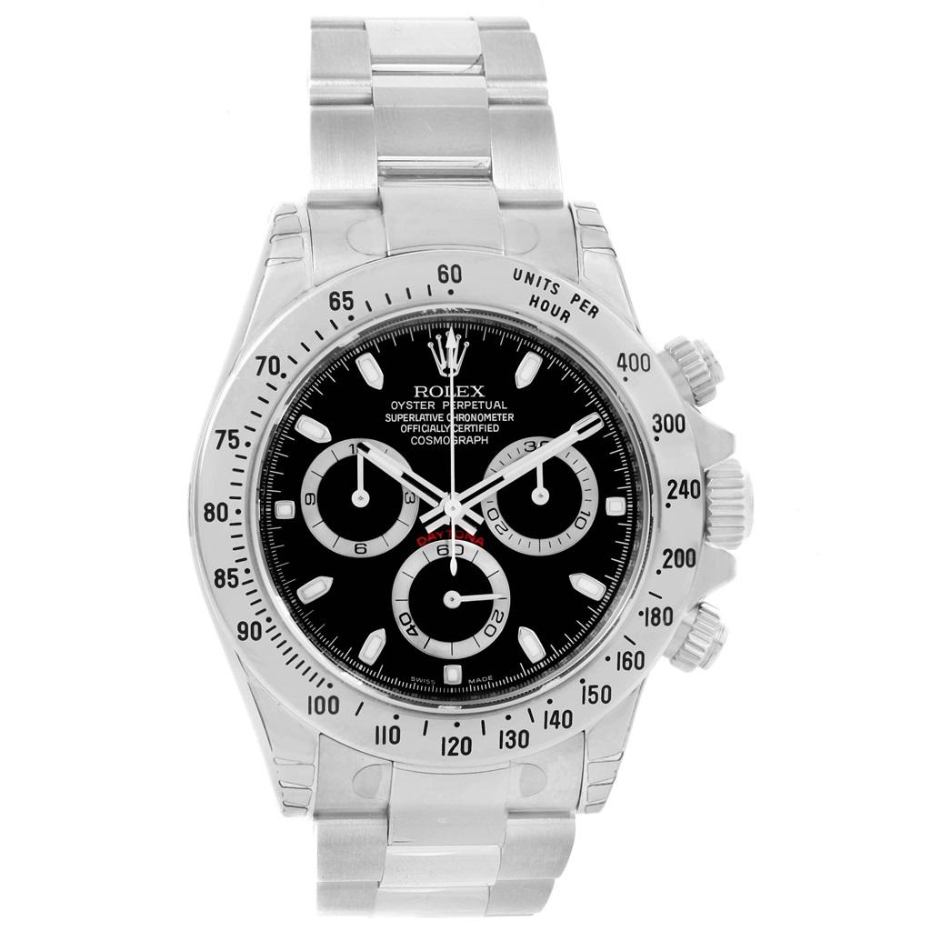 Rolex Daytona Black Dial Chronograph Steel Watch 116520 Unworn. Officially certified chronometer self-winding movement. Stainless steel case 40 mm in diameter. Special screw-down push buttons. Stainless steel tachymeter engraved bezel. Scratch