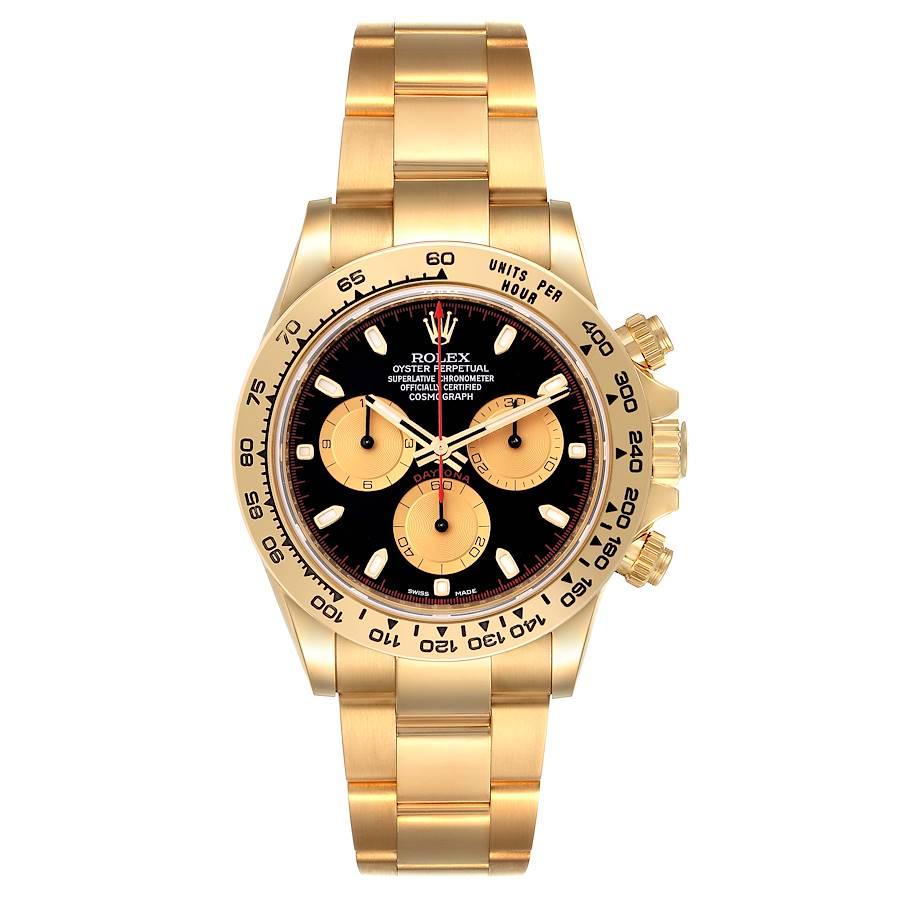 Rolex Daytona Black Dial Yellow Gold Mens Watch 116508 Box Card. Officially certified chronometer automatic self-winding chronograph movement. Rhodium-plated, 44 jewels, straight line lever escapement, monometallic balance adjusted to temperatures