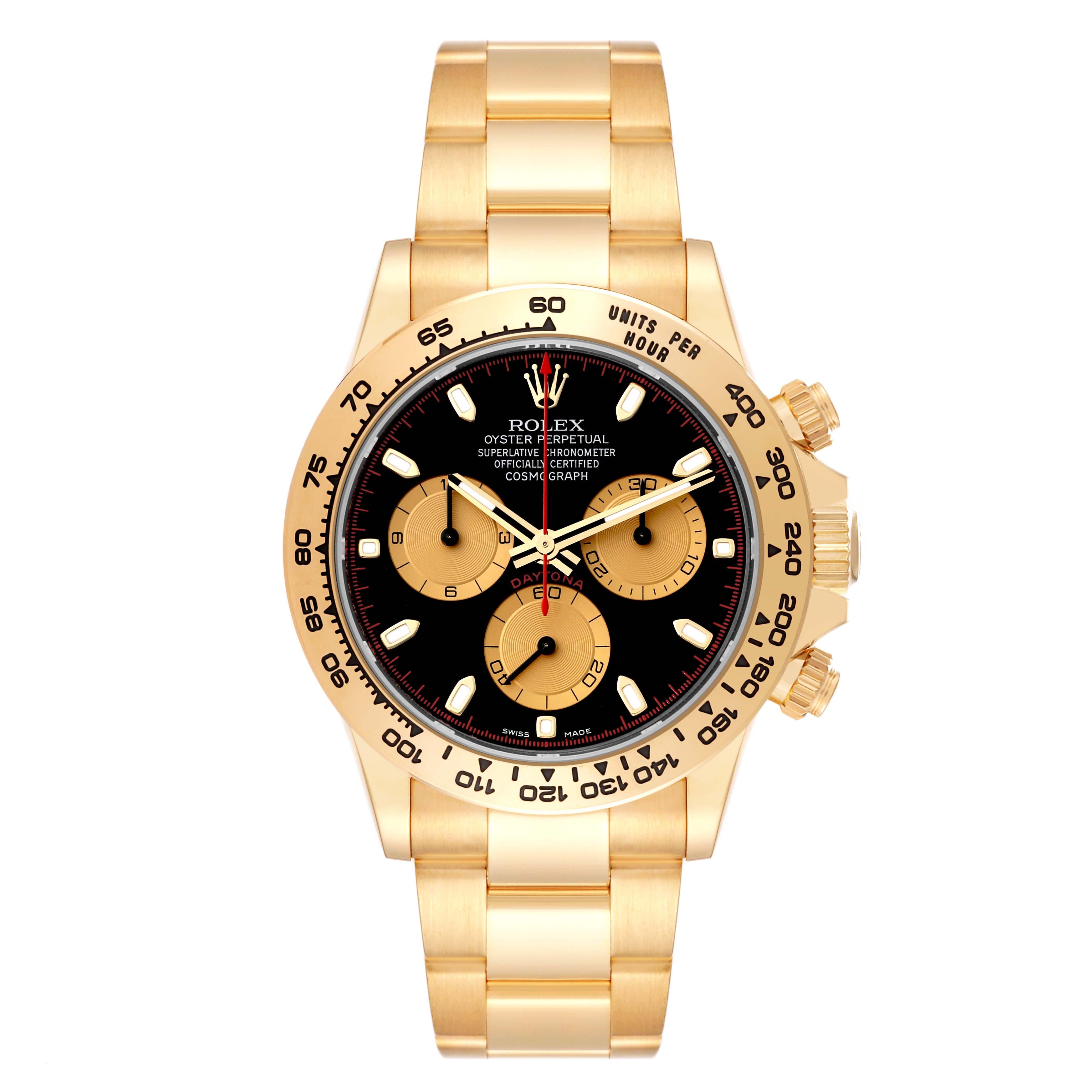 Rolex Daytona Black Dial Yellow Gold Mens Watch 116508 Box Card. Officially certified chronometer automatic self-winding chronograph movement. Rhodium-plated, 44 jewels, straight line lever escapement, monometallic balance adjusted to temperatures