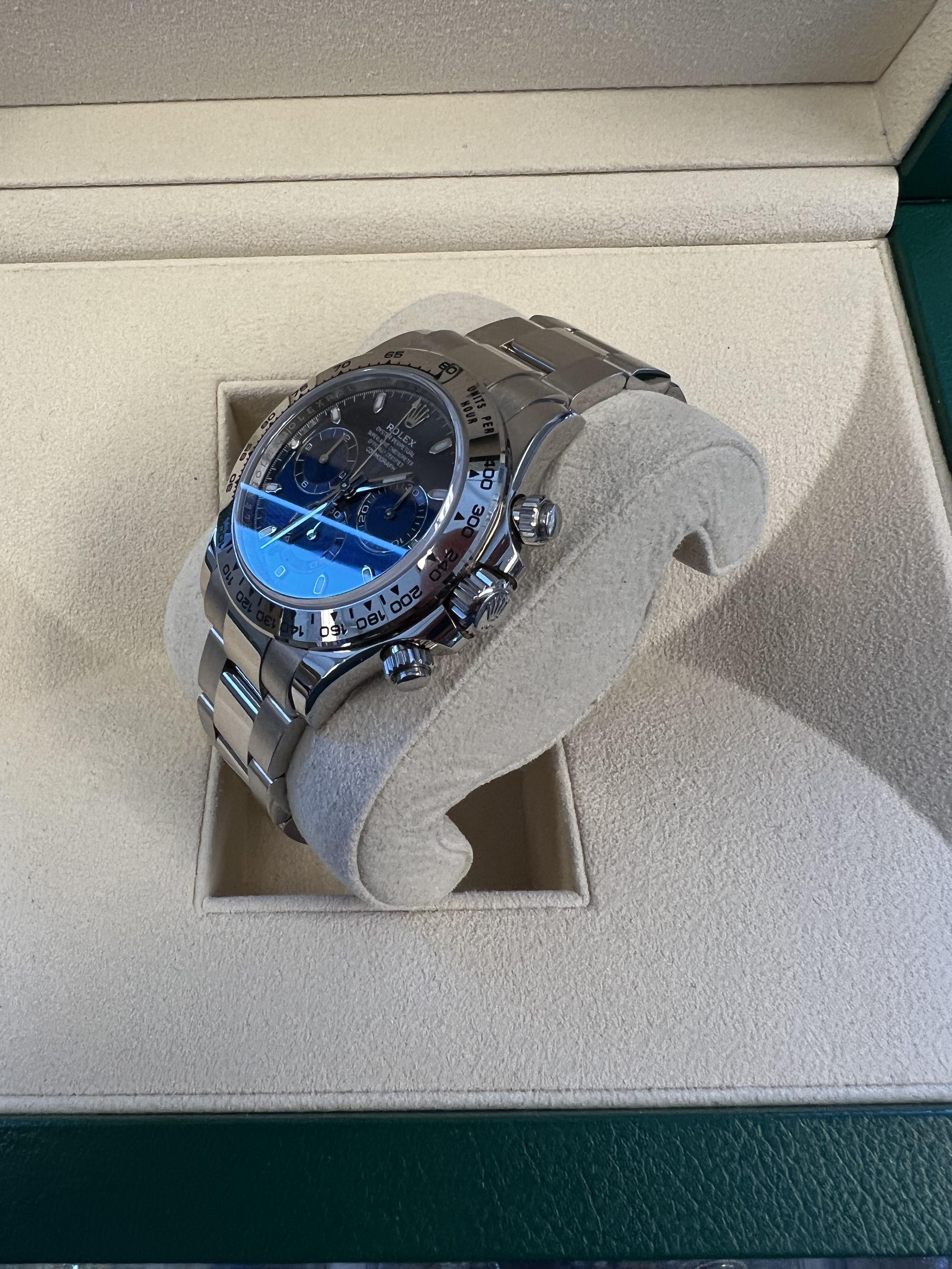 Contemporary Rolex Daytona Blue Dial White Gold Box and Papers For Sale