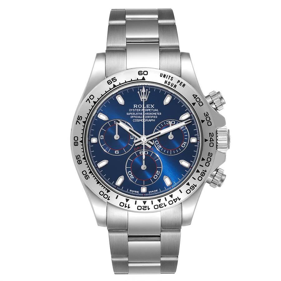 Rolex Daytona Blue Dial White Gold Chronograph Mens Watch 116509 Box Card. Officially certified chronometer self-winding movement. Rhodium-plated, 44 jewels, straight line lever escapement, monometallic balance adjusted to temperatures and 5