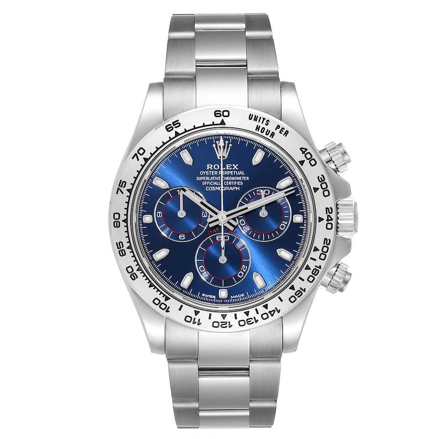 Rolex Daytona Blue Dial White Gold Chronograph Mens Watch 116509 Box Card. Mouvement à remontage automatique certifié officiellement chronomètre. Rhodié, 44 rubis, échappement à ancre en ligne droite, balancier monométallique ajusté aux températures