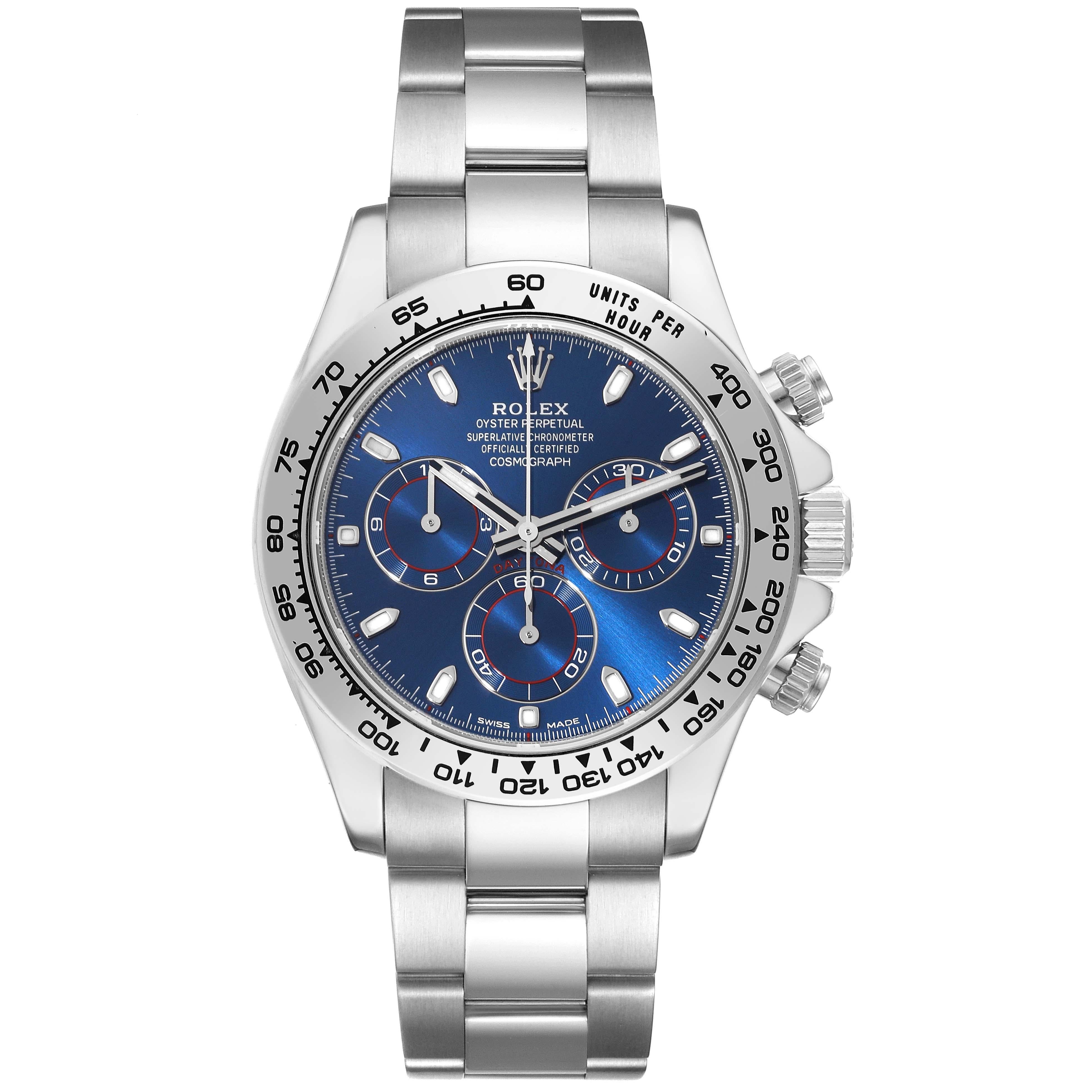 Rolex Daytona Blue Dial White Gold Chronograph Mens Watch 116509. Officially certified chronometer self-winding movement. Rhodium-plated, 44 jewels, straight line lever escapement, monometallic balance adjusted to temperatures and 5 positions, shock