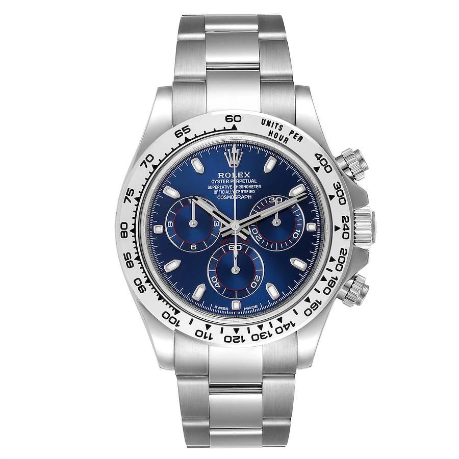 Rolex Daytona Blue Dial White Gold Chronograph Mens Watch 116509 Unworn. Officially certified chronometer self-winding movement. Rhodium-plated, 44 jewels, straight line lever escapement, monometallic balance adjusted to temperatures and 5