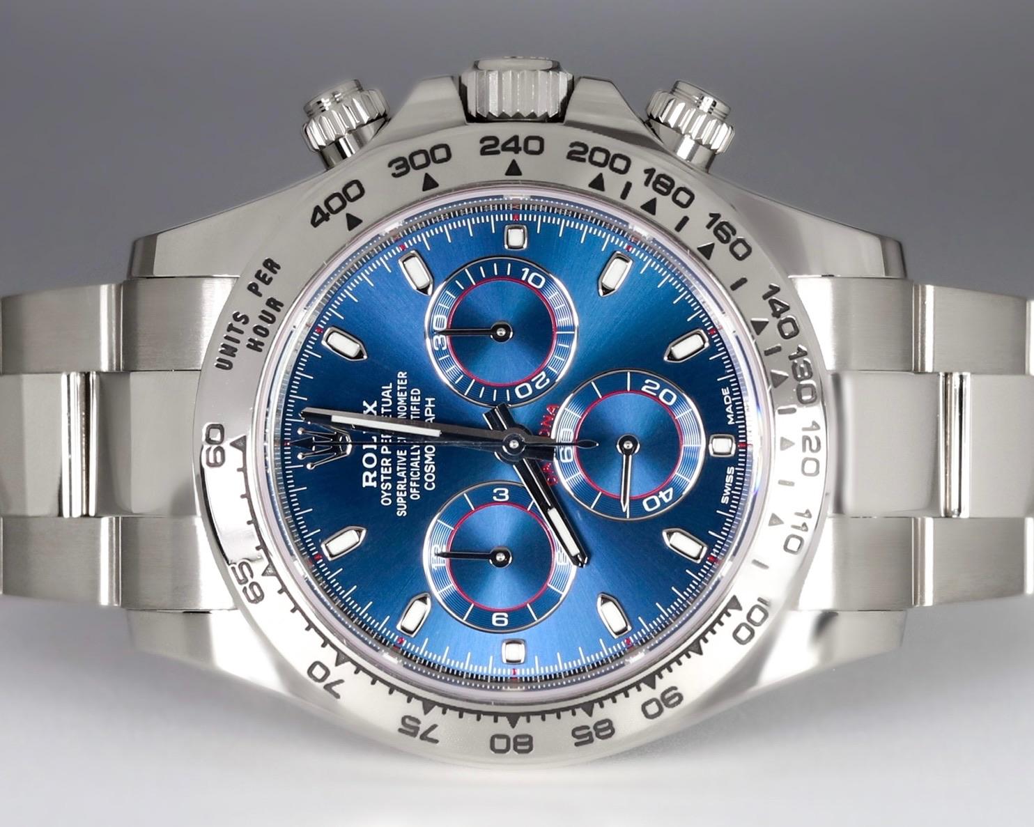 UnwornWatches proudly presents Rolex Daytona 116509 with a captivating blue dial housed in luxurious 18k white gold. This iconic Rolex chronograph, released on 2021, is celebrated for its bold design, precision, and enduring appeal among luxury