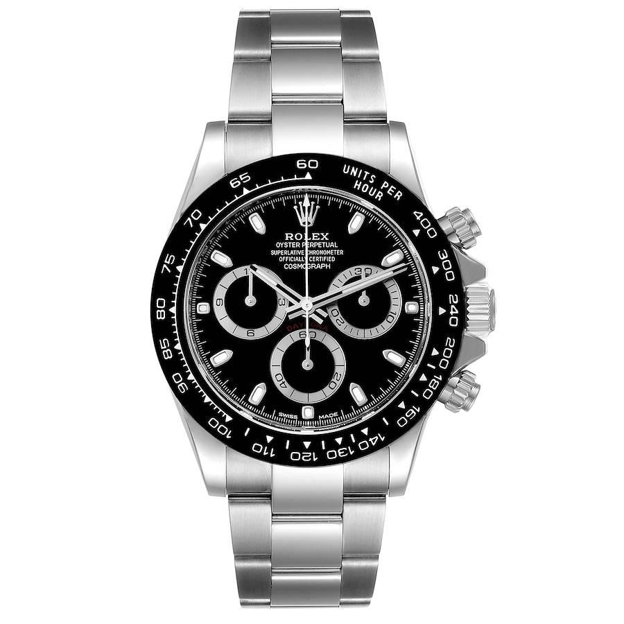 Rolex Daytona Ceramic Bezel Black Dial Steel Mens Watch 116500 Box Card. Officially certified chronometer automatic self-winding chronograph movement. Stainless steel case 40.0 mm in diameter. Special screw-down push buttons. Black monobloc