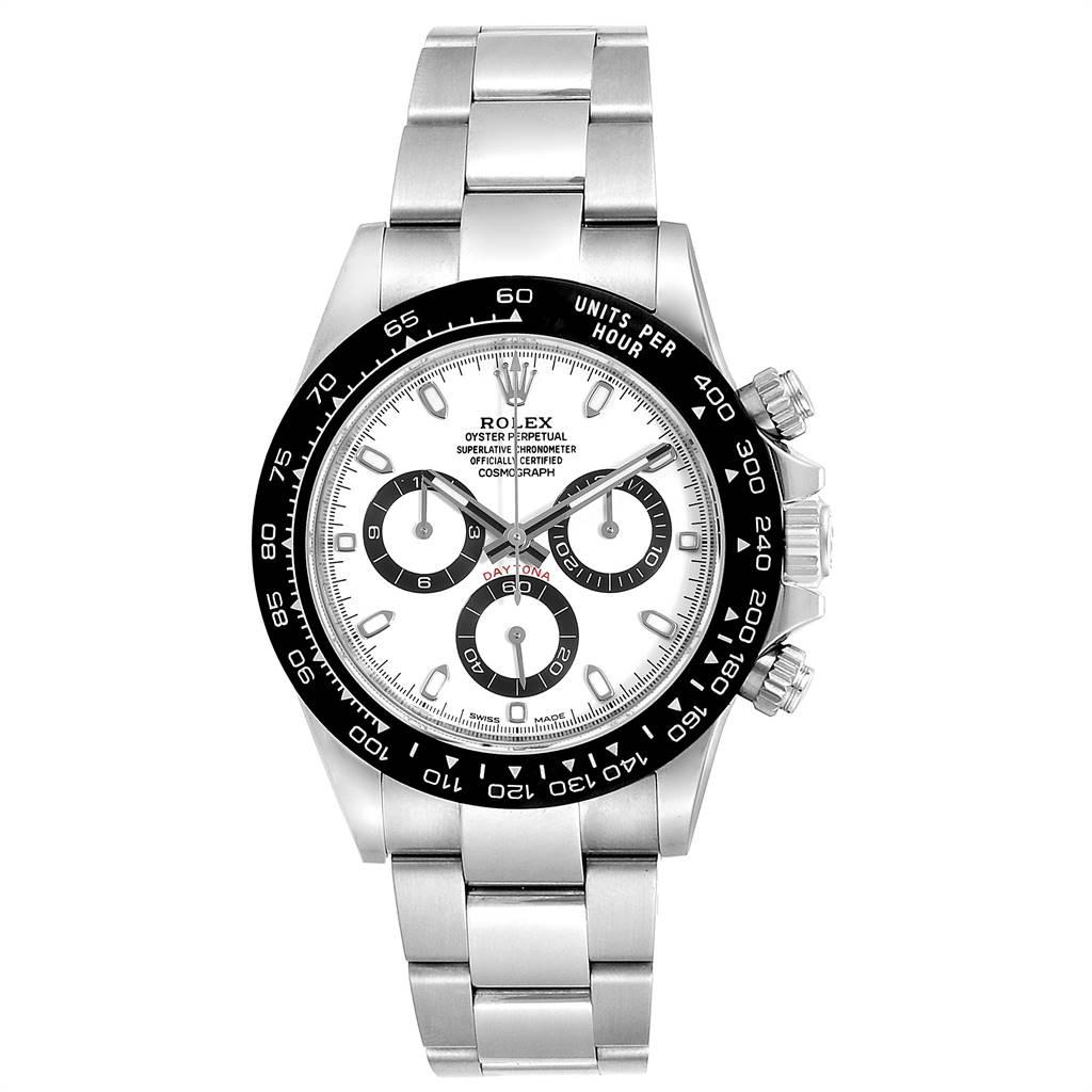 Rolex Daytona Ceramic Bezel White Dial Chronograph Mens Watch 116500. Officially certified chronometer self-winding movement. Stainless steel case 40.0 mm in diameter. Special screw-down push buttons. Black monobloc Cerachrom in Ceramic Engraved