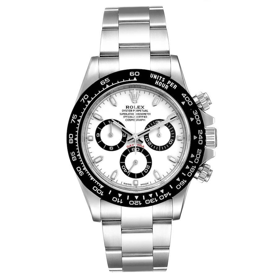 Rolex Daytona Ceramic Bezel White Dial Mens Watch 116500 Box Card. Officially certified chronometer self-winding movement. Stainless steel case 40.0 mm in diameter. Special screw-down push buttons. Black monobloc Cerachrom in Ceramic Engraved