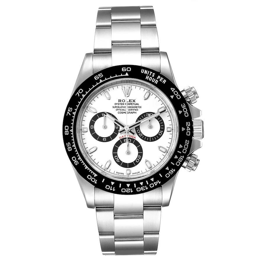 Rolex Daytona Ceramic Bezel White Dial Steel Mens Watch 116500 Box Card. Officially certified chronometer self-winding movement. Stainless steel case 40.0 mm in diameter. Special screw-down push buttons. Black monobloc Cerachrom in Ceramic Engraved