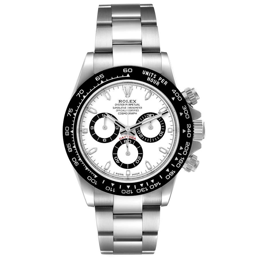 Rolex Daytona Keramik Lünette weißes Zifferblatt Stahl Herrenuhr 116500 Box Card. Offiziell zertifiziertes Chronometerwerk mit automatischem Aufzug. Gehäuse aus rostfreiem Stahl mit einem Durchmesser von 40,0 mm. Spezielle Drucktasten mit