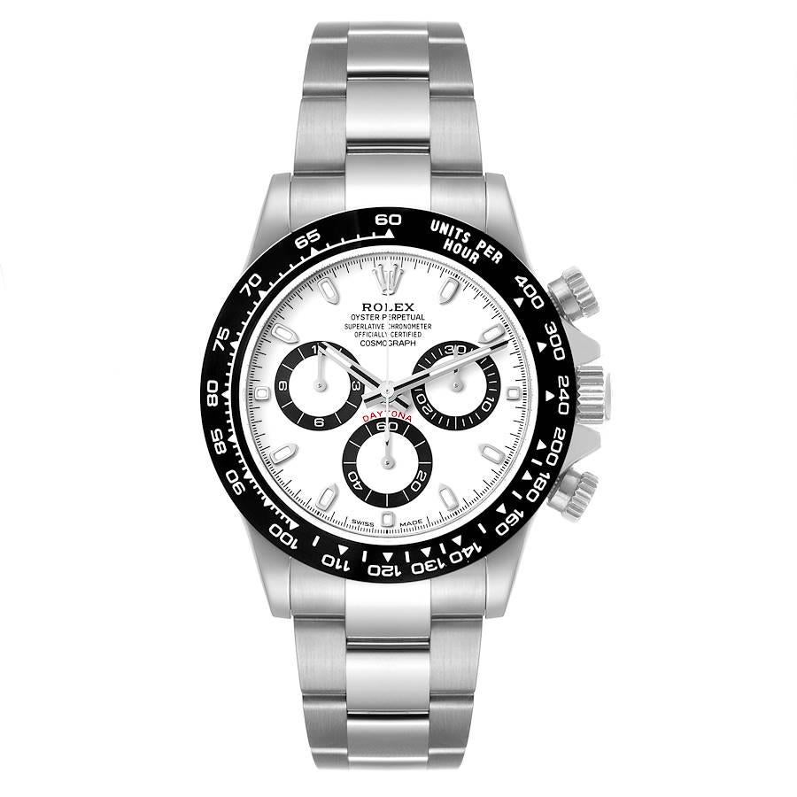 Rolex Daytona Ceramic Bezel White Dial Steel Mens Watch 116500 Box Card. Officially certified chronometer automatic self-winding chronograph movement. Stainless steel case 40.0 mm in diameter. Special screw-down pushers. Black monobloc Cerachrom