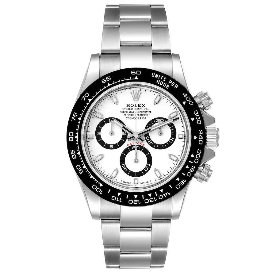 Rolex Daytona Ceramic Bezel White Dial Steel Mens Watch 116500 Unworn. Officially certified chronometer self-winding movement. Stainless steel case 40.0 mm in diameter. Special screw-down push buttons. Black monobloc Cerachrom in Ceramic Engraved