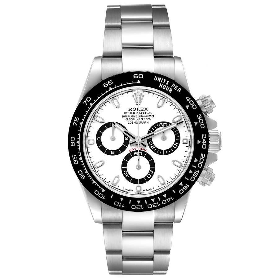 Rolex Daytona Ceramic Bezel White Panda Dial Steel Mens Watch 116500 Box Card. Officially certified chronometer automatic self-winding chronograph movement. Stainless steel case 40.0 mm in diameter. Screw-down crown and pushers. Black monobloc