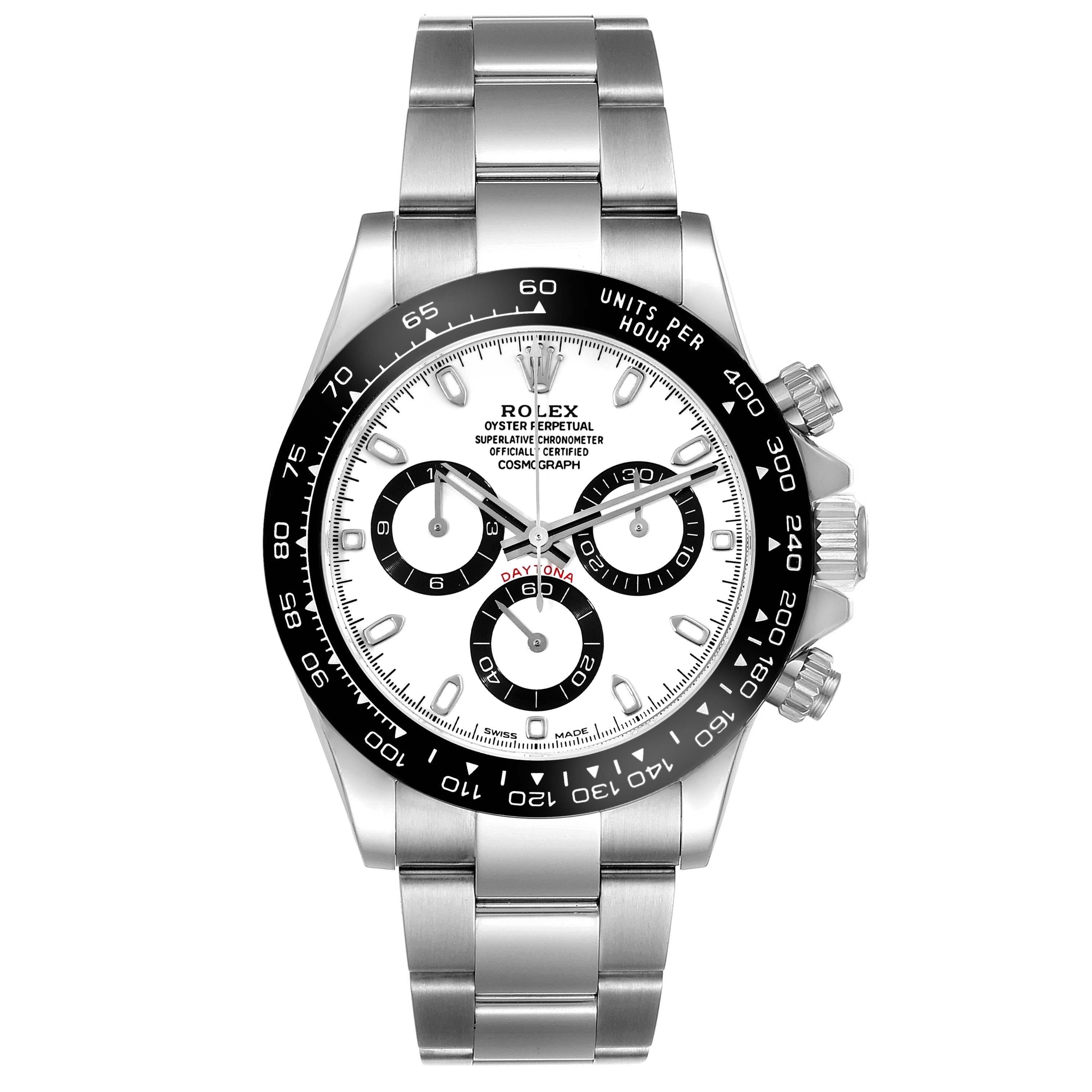 Rolex Daytona Ceramic Bezel White Panda Dial Steel Mens Watch 116500 Box Card. Officially certified chronometer automatic self-winding chronograph movement. Stainless steel case 40.0 mm in diameter. Screw-down crown and pushers. Black monobloc