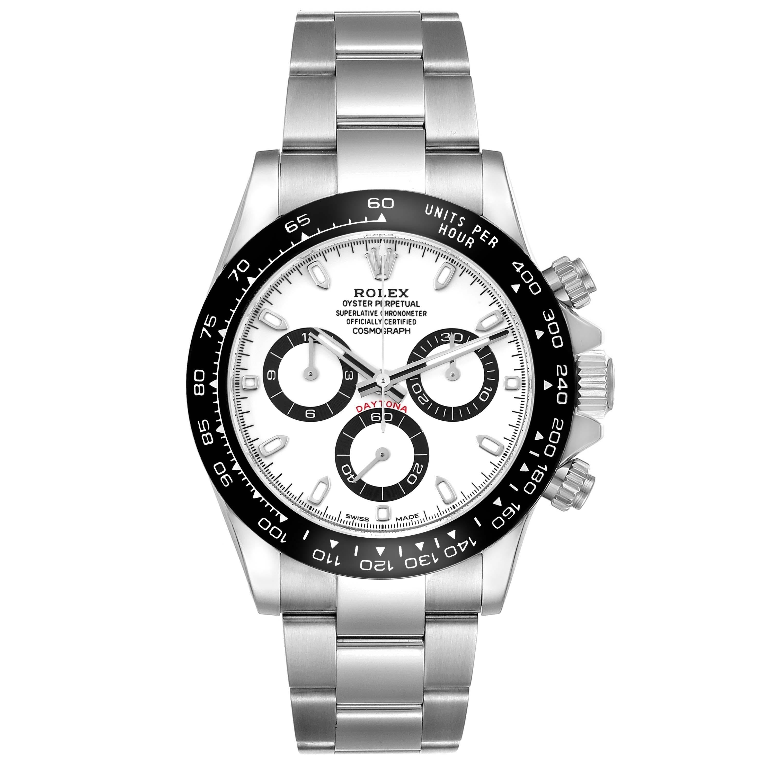 Rolex Daytona Ceramic Bezel White Panda Dial Steel Mens Watch 116500. Officially certified chronometer automatic self-winding chronograph movement. Stainless steel case 40.0 mm in diameter. Screw-down crown and pushers. Black monobloc Cerachrom