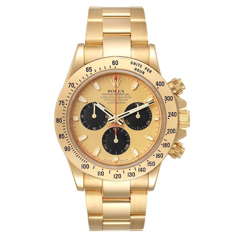 Rolex Daytona Champagner Zifferblatt Gelbgold Chronograph Herrenuhr 116528. Offiziell zertifiziertes Chronometerwerk mit automatischem Aufzug. Rhodiniert, Oeil-de-Perdrix-Dekor, geradlinige Ankerhemmung, monometallische Unruh mit 5 Positionen,