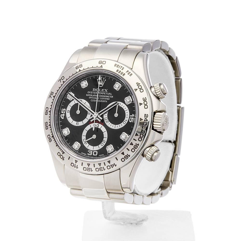 REF: W4440
MANUFACTURE: Rolex
MODEL: Daytona
MODEL REF: 116509
AGE: Circa 2005
GENDER: Men's
BOX & PAPERS: Box Only
DIAL: Black & Diamond Markers
GLASS: Sapphire Crystal
MOVEMENT: Automatic
WATER RESISTANCY: To Manufacturers Specifications

CASE