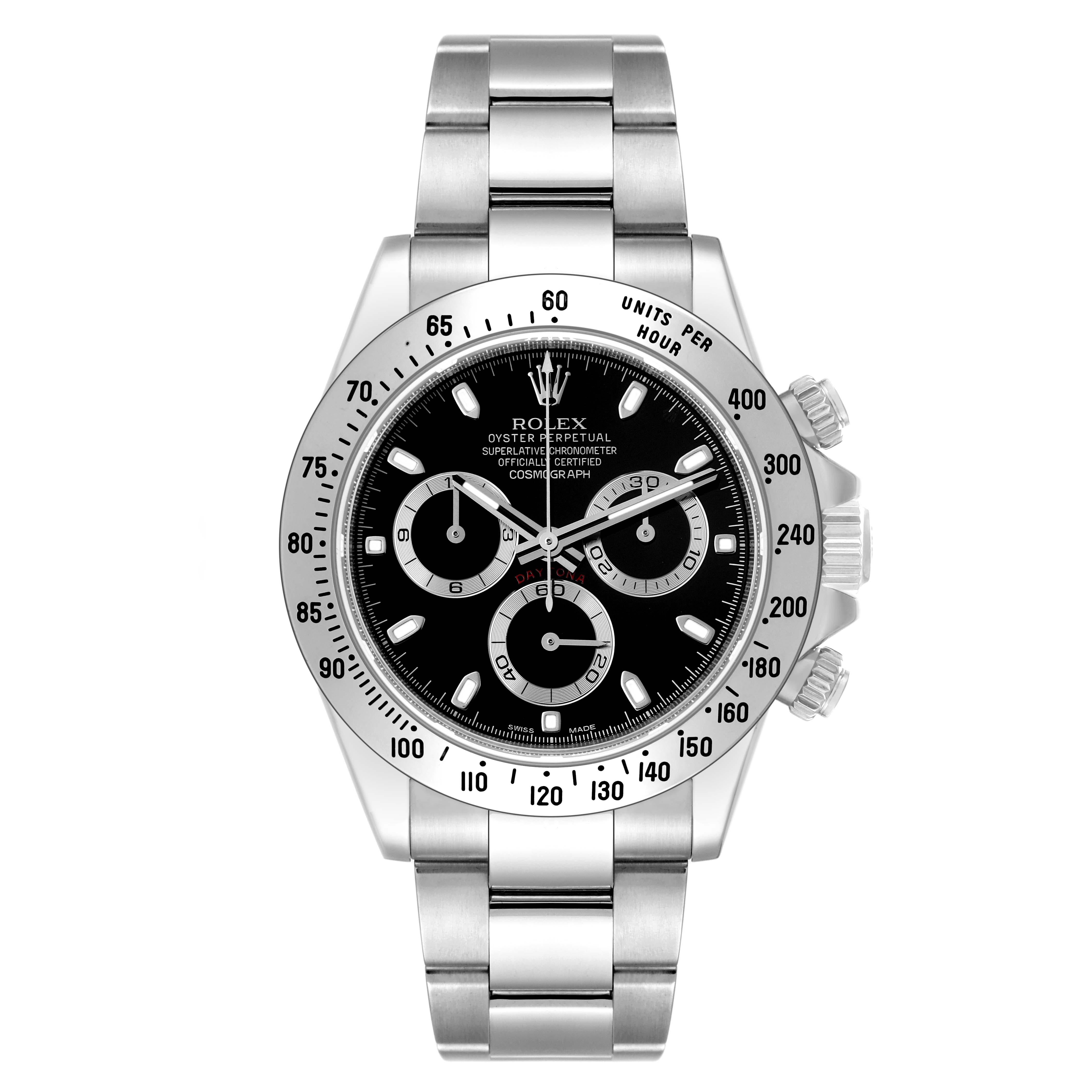 Rolex Daytona Chronograph Black Dial Steel Mens Watch 116520 Box Card. Officially certified chronometer automatic self-winding movement. Stainless steel case 40 mm in diameter. Special screw-down push buttons. Polished stainless steel bezel with
