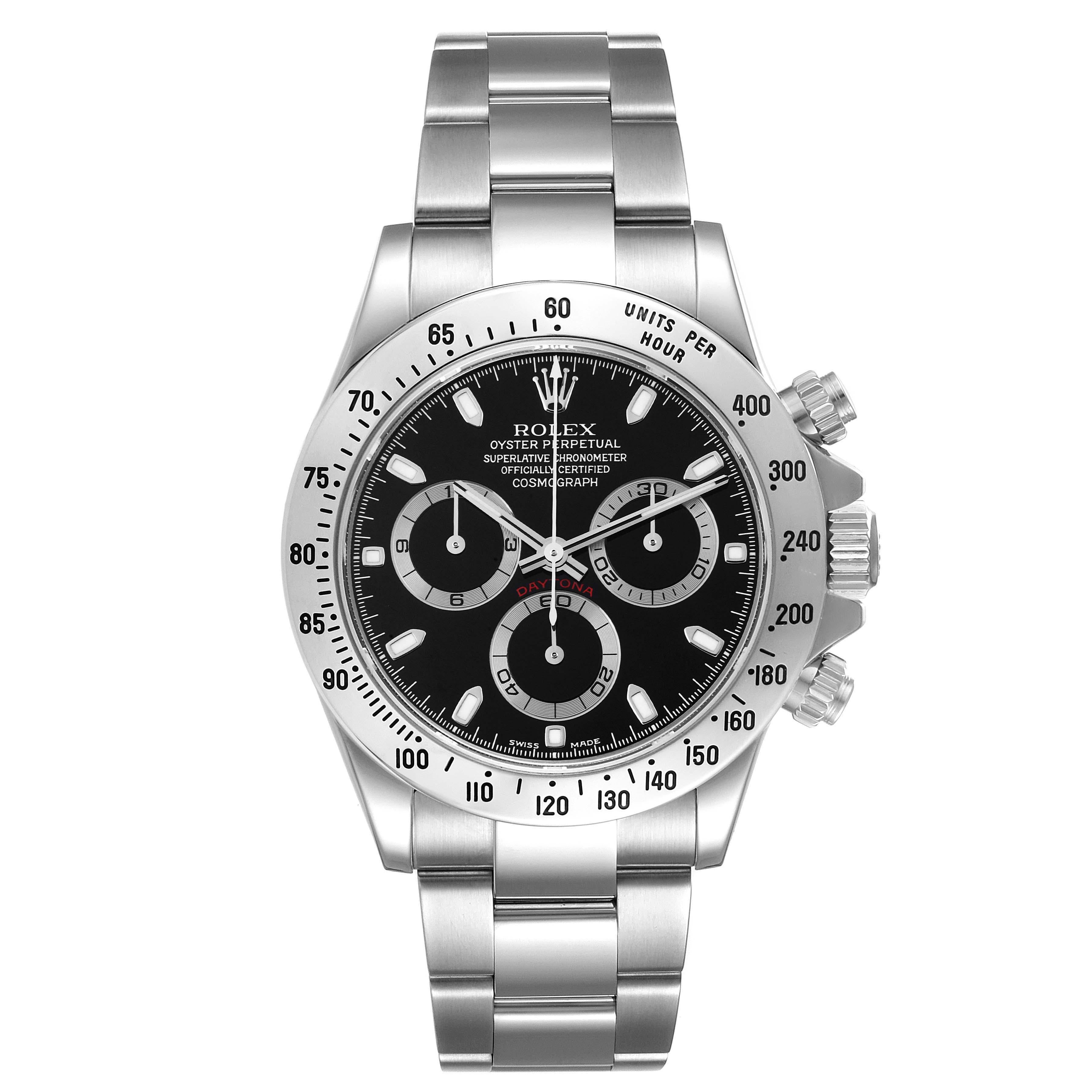 Rolex Daytona Chronograph Black Dial Steel Mens Watch 116520 Box Papers. Officially certified chronometer automatic self-winding movement. Stainless steel case 40 mm in diameter. Special screw-down push buttons. Polished stainless steel bezel with