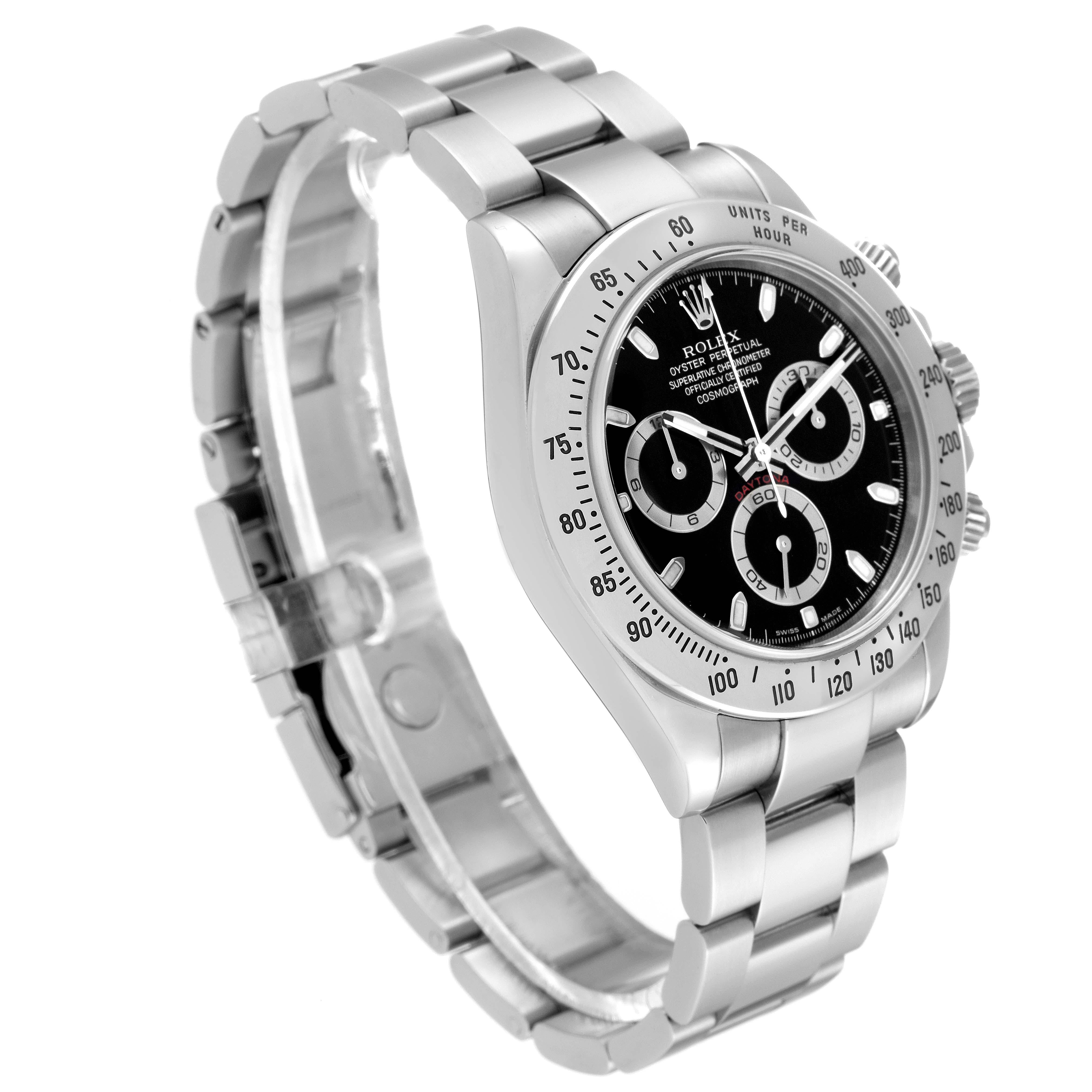 Rolex Daytona Chronograph Black Dial Steel Mens Watch 116520. Officially certified chronometer automatic self-winding movement. Stainless steel case 40 mm in diameter. Special screw-down push buttons. Polished stainless steel bezel with engraved