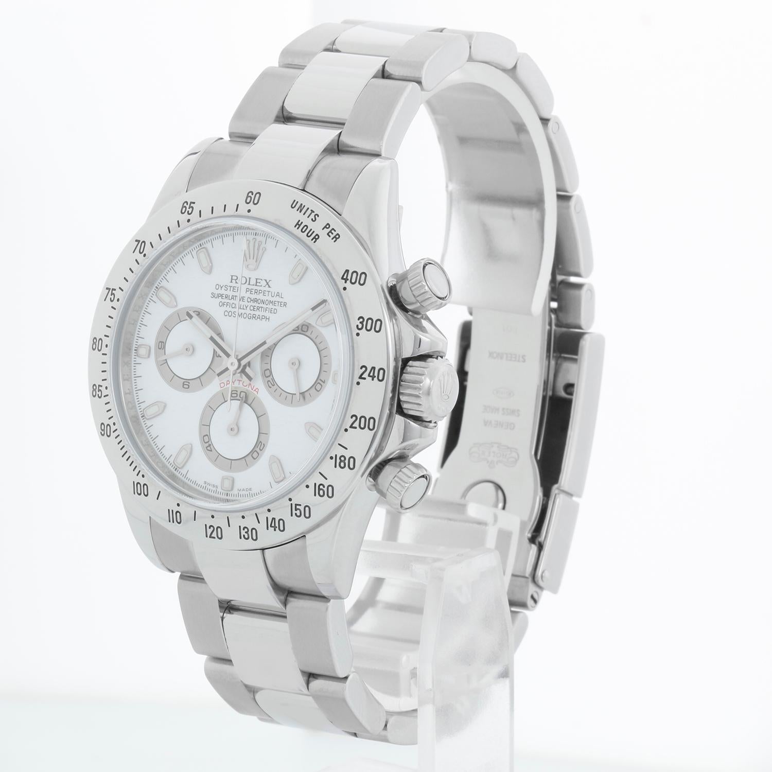 Rolex Daytona  Chronograph  Men's Stainless Steel Watch 116520 - Automatic winding, chronograph, 44 jewels, sapphire crystal. Stainless steel case; inner bezel engraving (40mm diameter). White dial with White hour markers; hour, minute and seconds