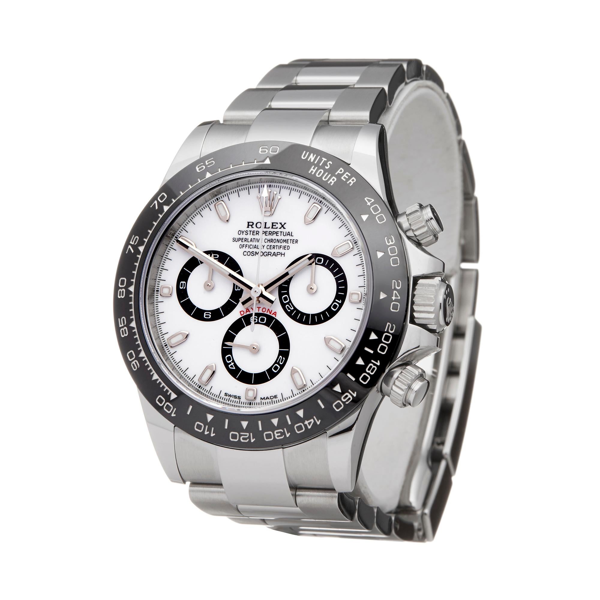 Reference: W6127
Manufacturer: Rolex
Model: Daytona
Model Reference: 116500LN
Age: 17th February 2019
Gender: Men's
Box and Papers: Box, Manuals, Guarantee & Swing Tags
Dial: White Baton
Glass: Sapphire Crystal
Movement: Automatic
Water Resistance: