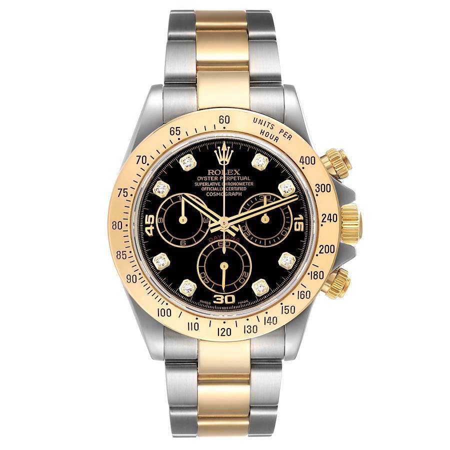 Rolex Daytona Chronograph Steel Yellow Gold Diamond Mens Watch 116523 Box Papers. Officially certified chronometer self-winding movement. Rhodium-plated, oeil-de-perdrix decoration, straight line lever escapement, monometallic balance adjusted to 5