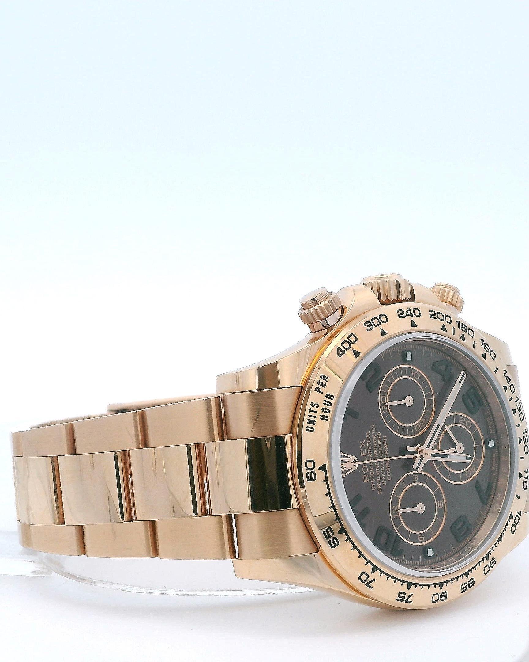 Rolex Daytona 116505 Mens Watch. 40mm 18K rose gold case with 18K rose gold bezel. Chocolate dial with luminous rose gold hands and Arabic numeral & index hour marker. Sub-dials: Small seconds hand at 6 o'clock, 30-minute counter at 3 o'clock and