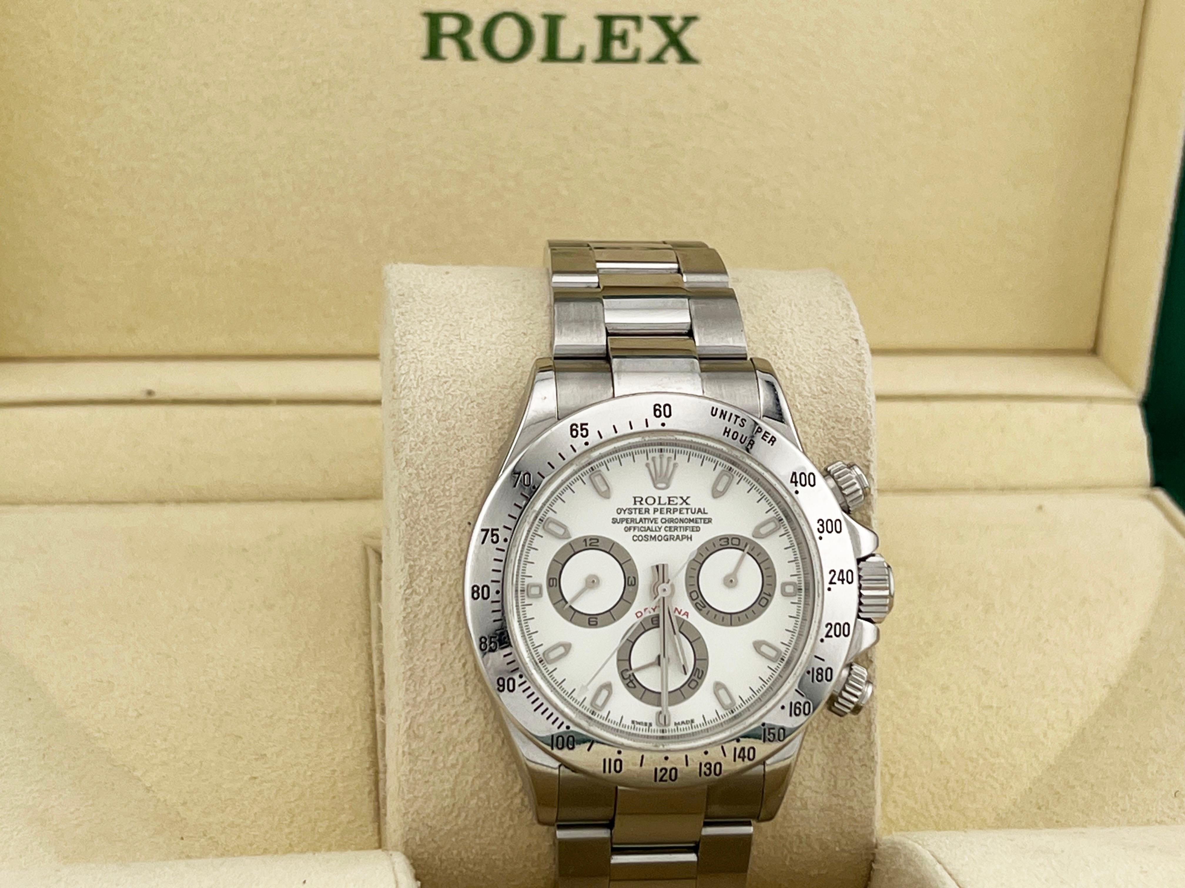 Style Number: 116520

Serial: K600***

Year: 2001

Model: Rolex Daytona 

Case Material: Stainless Steel 

Band: Stainless Steel 

Bezel: Stainless Steel 

Dial: Rare 