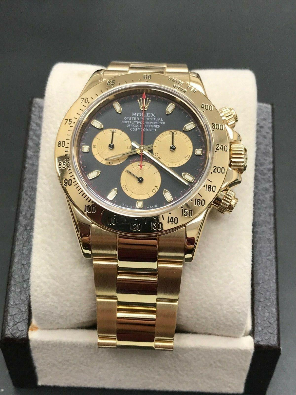 Style Number: 116528
Serial: Y237***
Year: 2002
Model: Daytona
Case Material: 18K Yellow Gold
Band: 18K Yellow Gold
Bezel: 18K Yellow Gold
Dial: Black
Face: Sapphire Crystal 
Case Size: 40mm
Includes: 
-Rolex Box 
-Certified Appraisal 
-1 Year