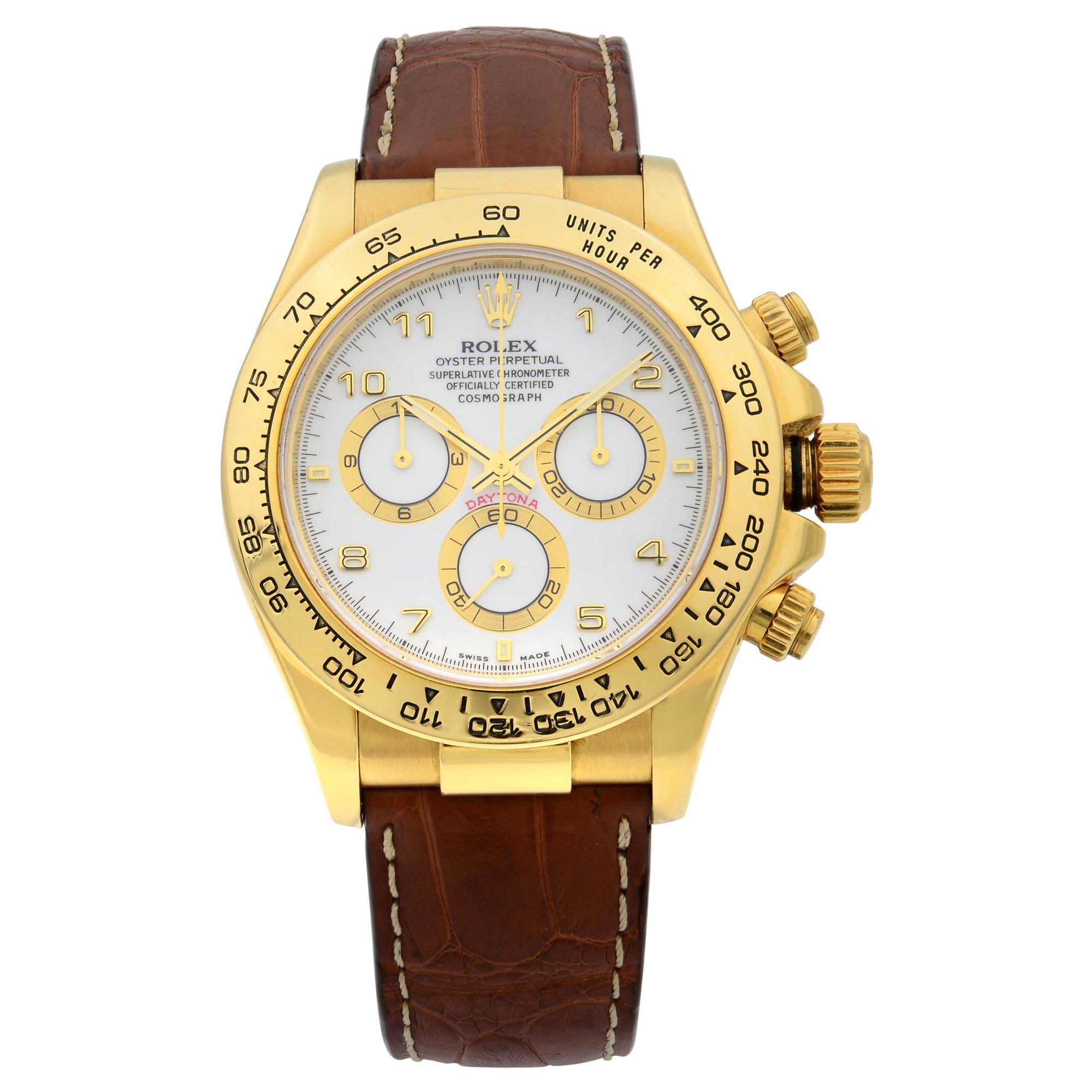 Rolex Daytona Cosmograph 18k Gold White Dial Leather Strap Men’s Watch 116518