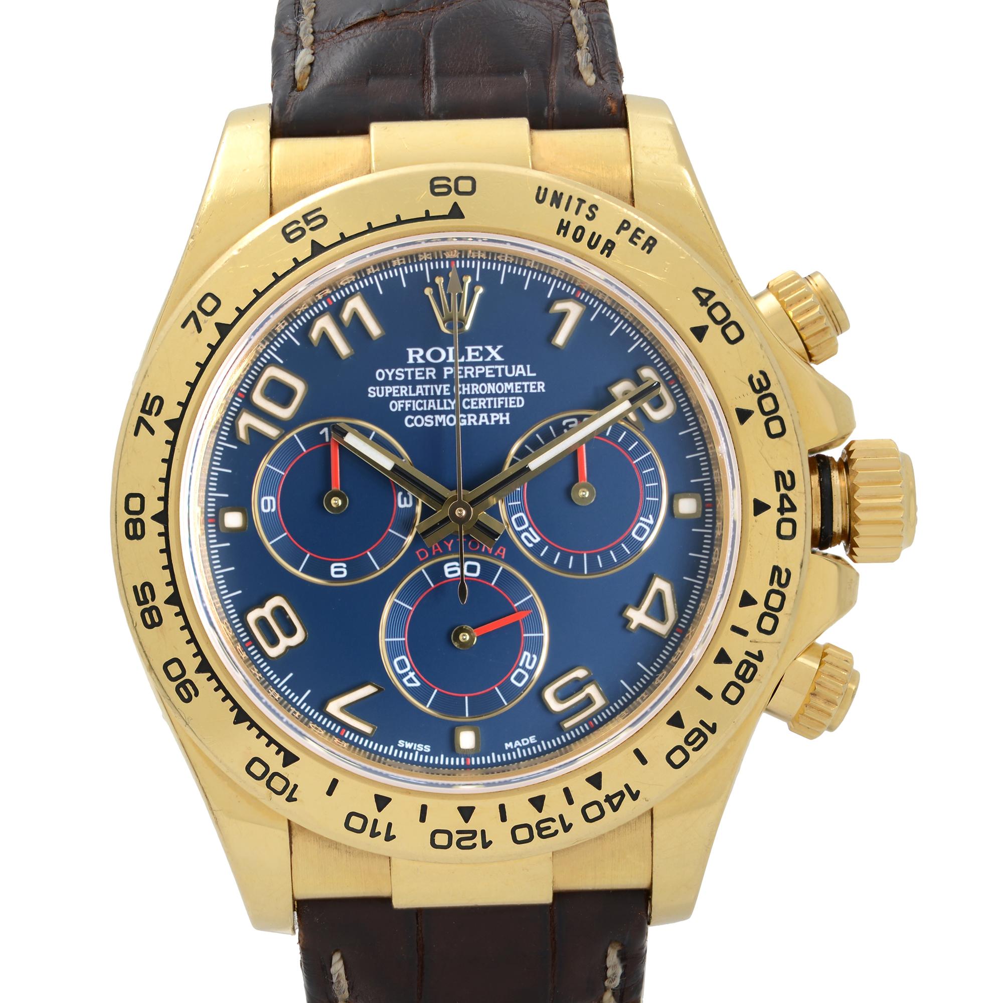 Pre Owned Rolex Daytona Cosmograph 18k Yellow Gold Blue Arabic Dial Mens Watch 116518. the band have visible wear signs on the inner side of the band. This Beautiful Timepiece is Powered by Mechanical (Automatic) Movement And Features: Round 18k