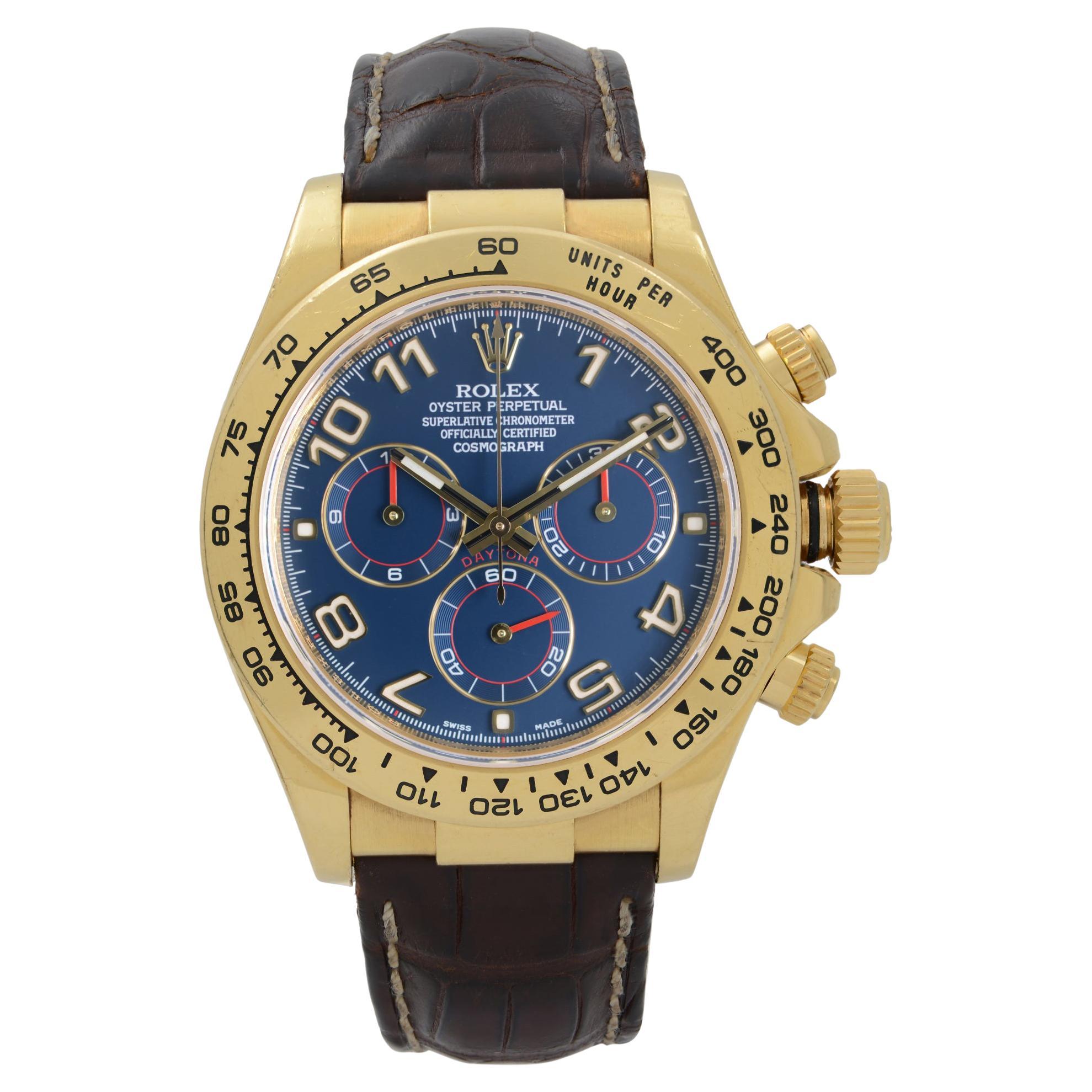 Rolex Daytona Cosmograph 40mm 18k Yellow Gold Blue Arabic Dial Mens Watch 116518