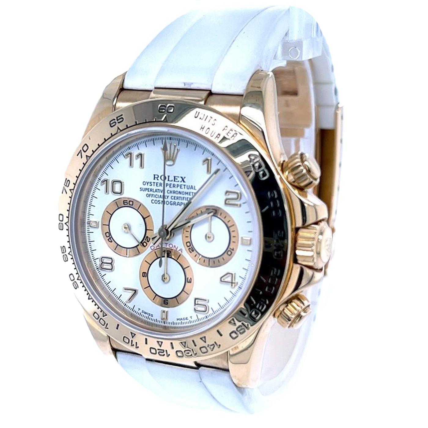 Modernist Rolex Daytona Cosmograph 18kt Yellow Gold Bezel White Stap Watch 16518 For Sale