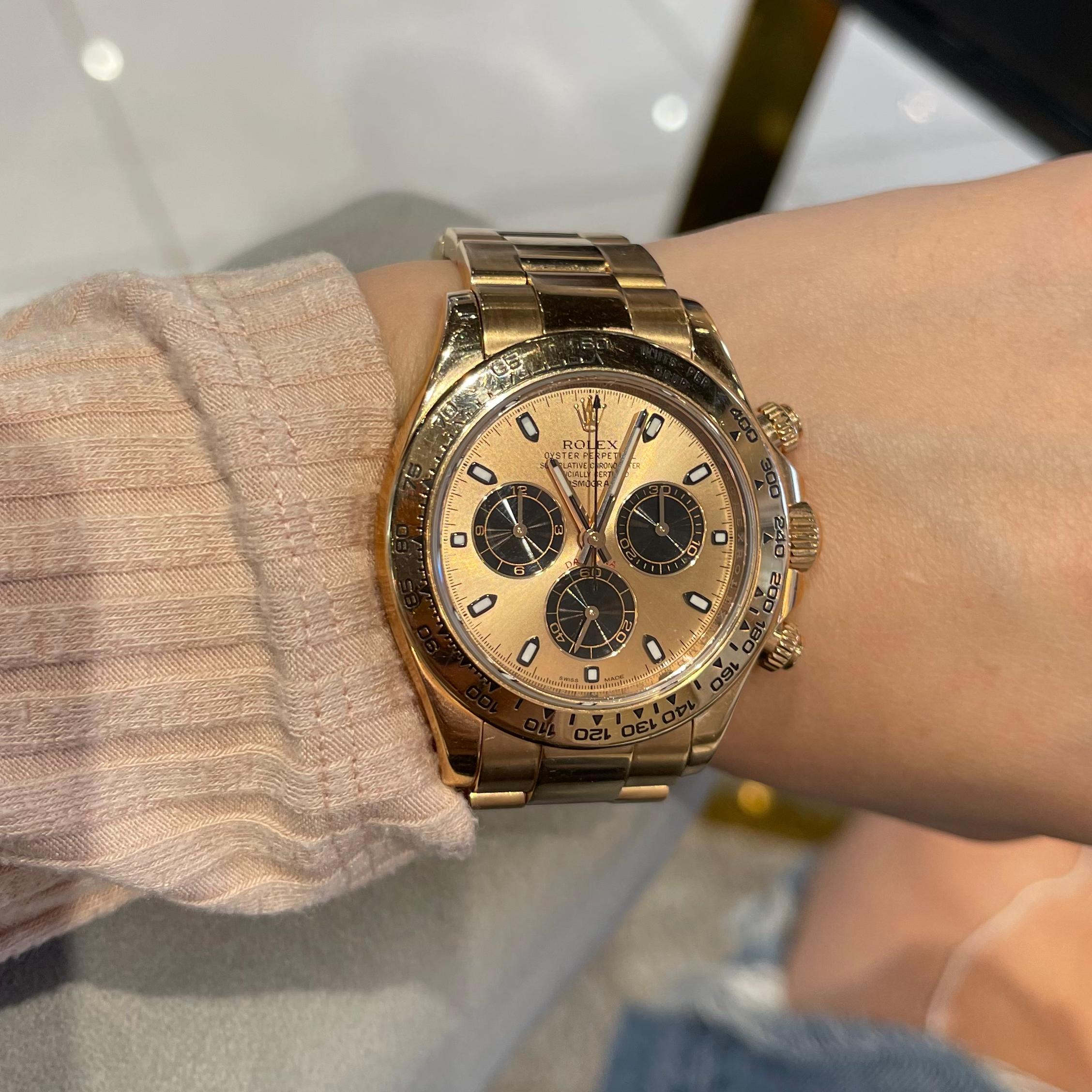 Brand: Rolex

Model Name: Daytona Cosmograph 

Model Number: 116505

Movement: Mechanical Automatic

Case Size: 40 mm

Case Material: Rose Gold

Dial: Pink

Bracelet:  Rose Gold 

Crystal: Sapphire Crystal 

Year:  G serial (2010)

Water Resistance: