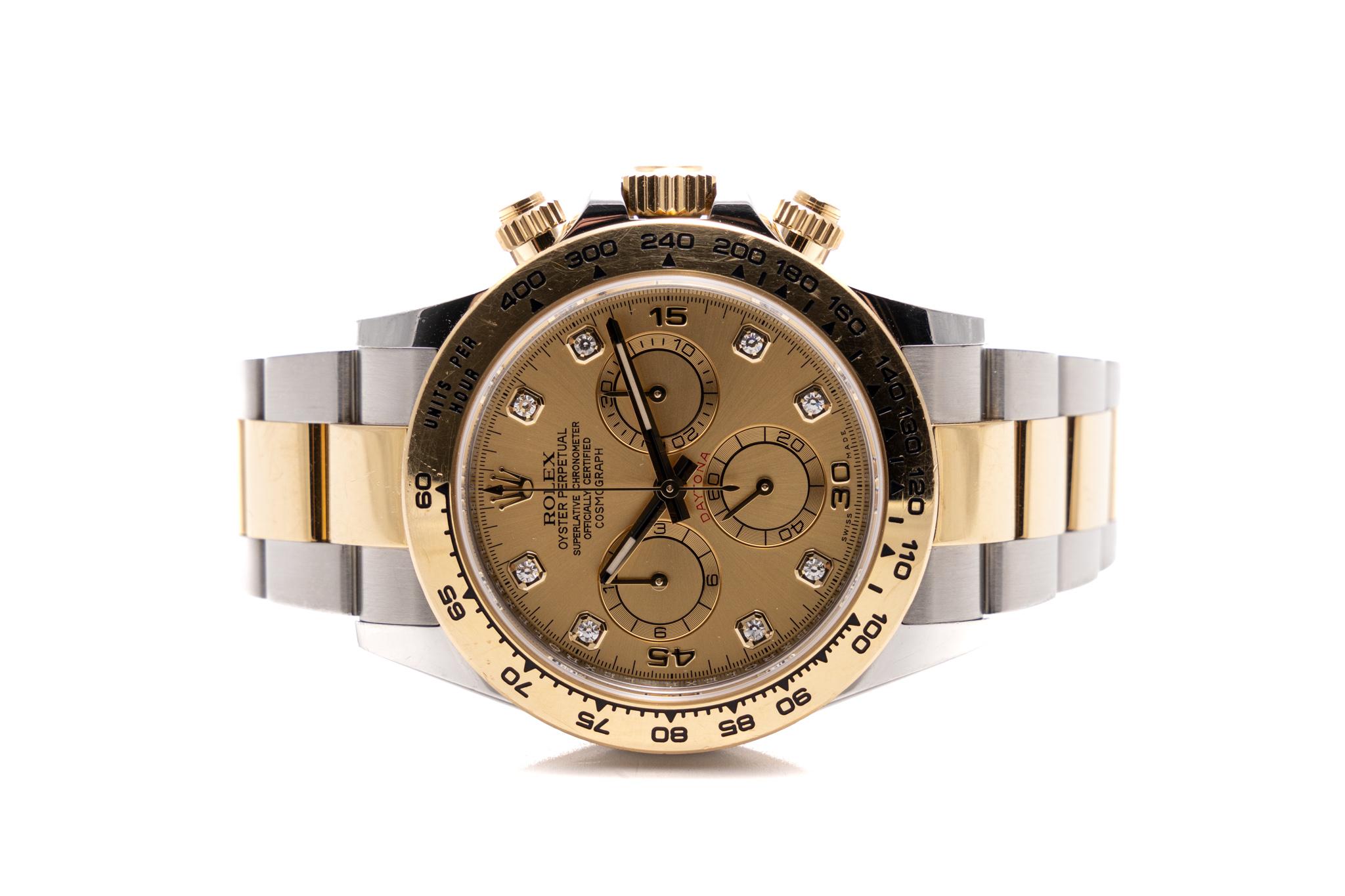 Brilliant Cut Rolex Daytona Cosmograph 40mm Two Tone Champagne Diamond Dial Ref: 116503