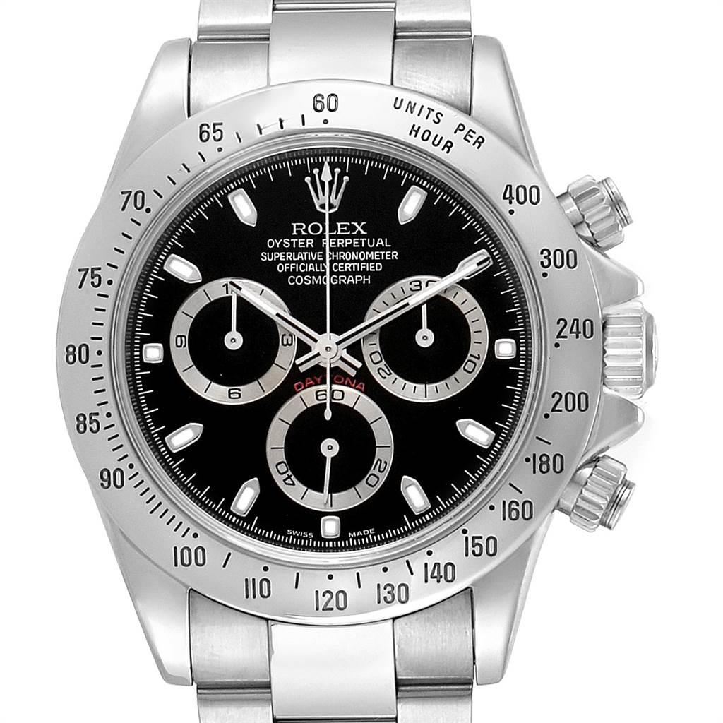 Rolex Daytona Cosmograph Black Dial Chronograph Steel Mens Watch 116520. Officially certified chronometer self-winding movement. Stainless steel case 40.0 mm in diameter. Special screw-down push buttons. Stainless steel tachymeter engraved bezel.