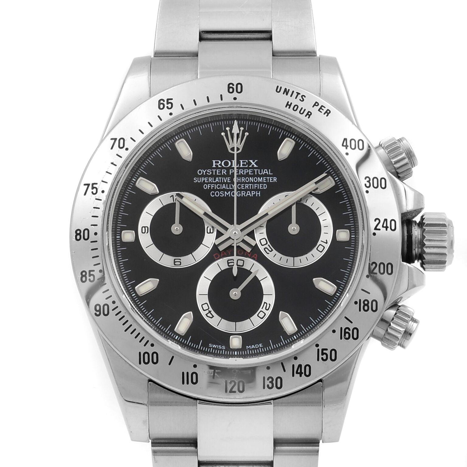 This pre-owned Rolex Daytona 116520BKSO is a beautiful men's timepiece that is powered by a mechanical (automatic) movement which is cased in a stainless steel case. It has a round shape face, chronograph, chronograph hand, small seconds subdial,