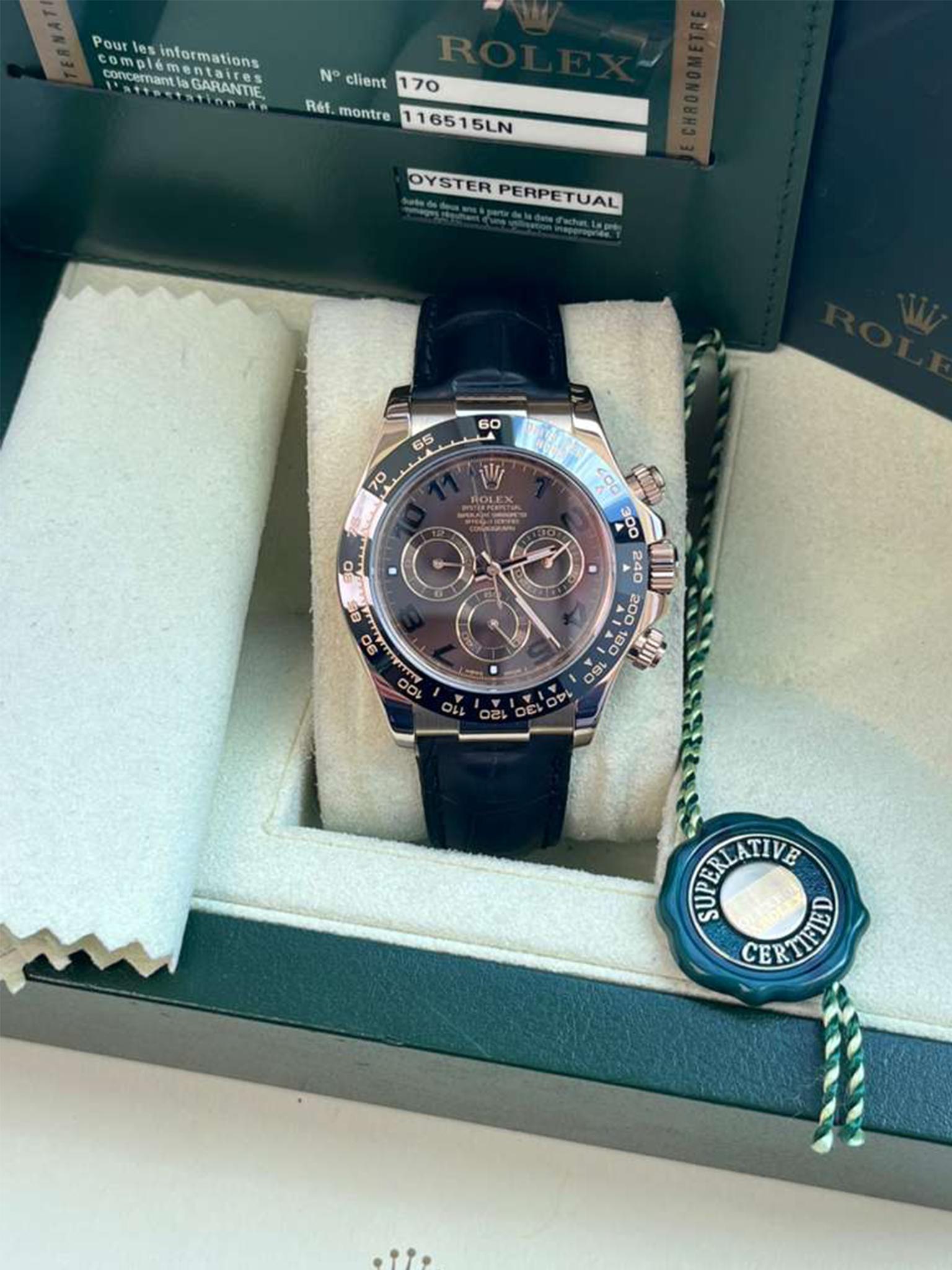 Rolex Daytona Cosmograph Ceramic Bezel Crocodile Strap Rose Gold Watch 116515LN For Sale 5