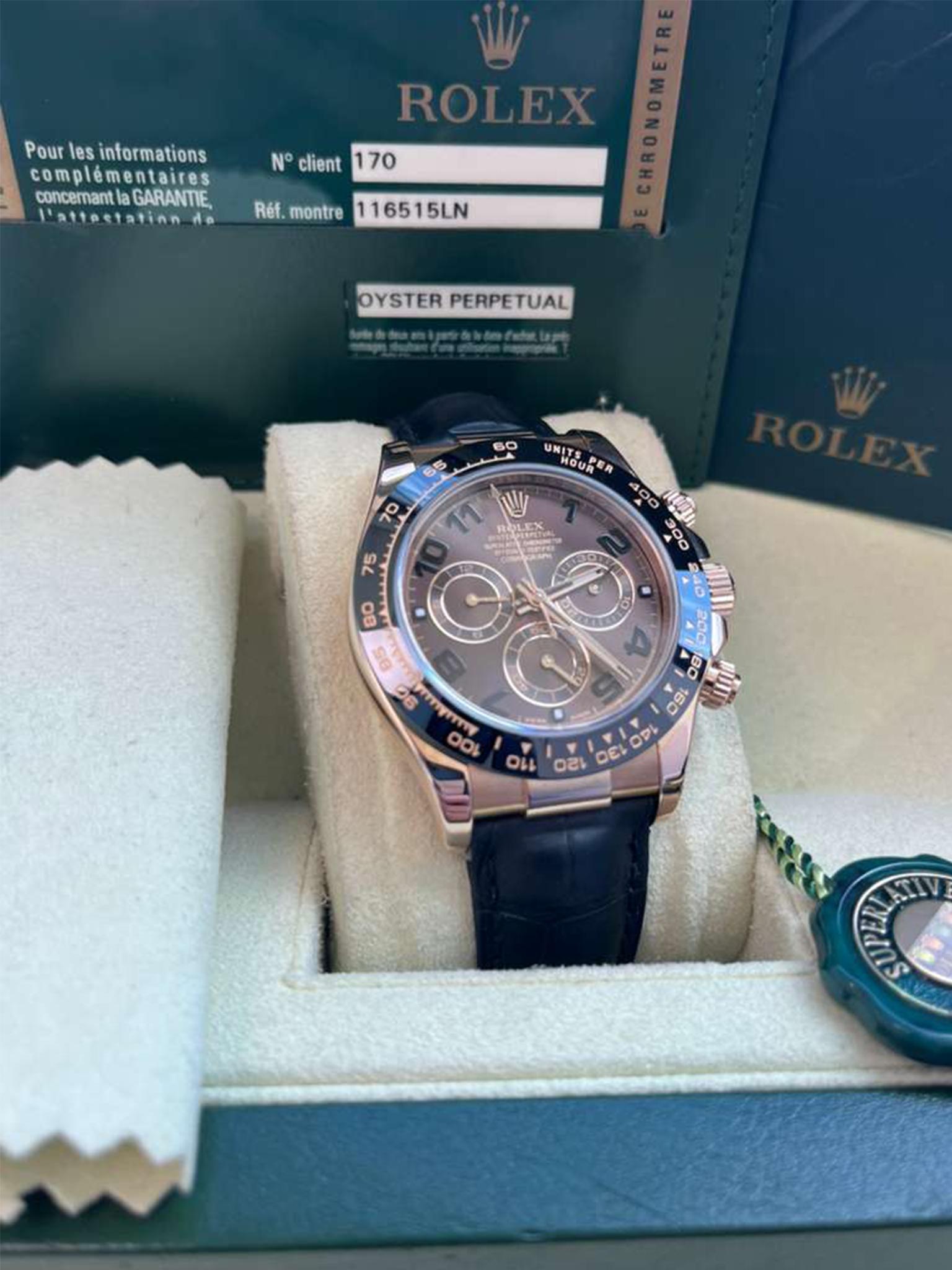 Rolex Daytona Cosmograph Ceramic Bezel Crocodile Strap Rose Gold Watch 116515LN For Sale 6