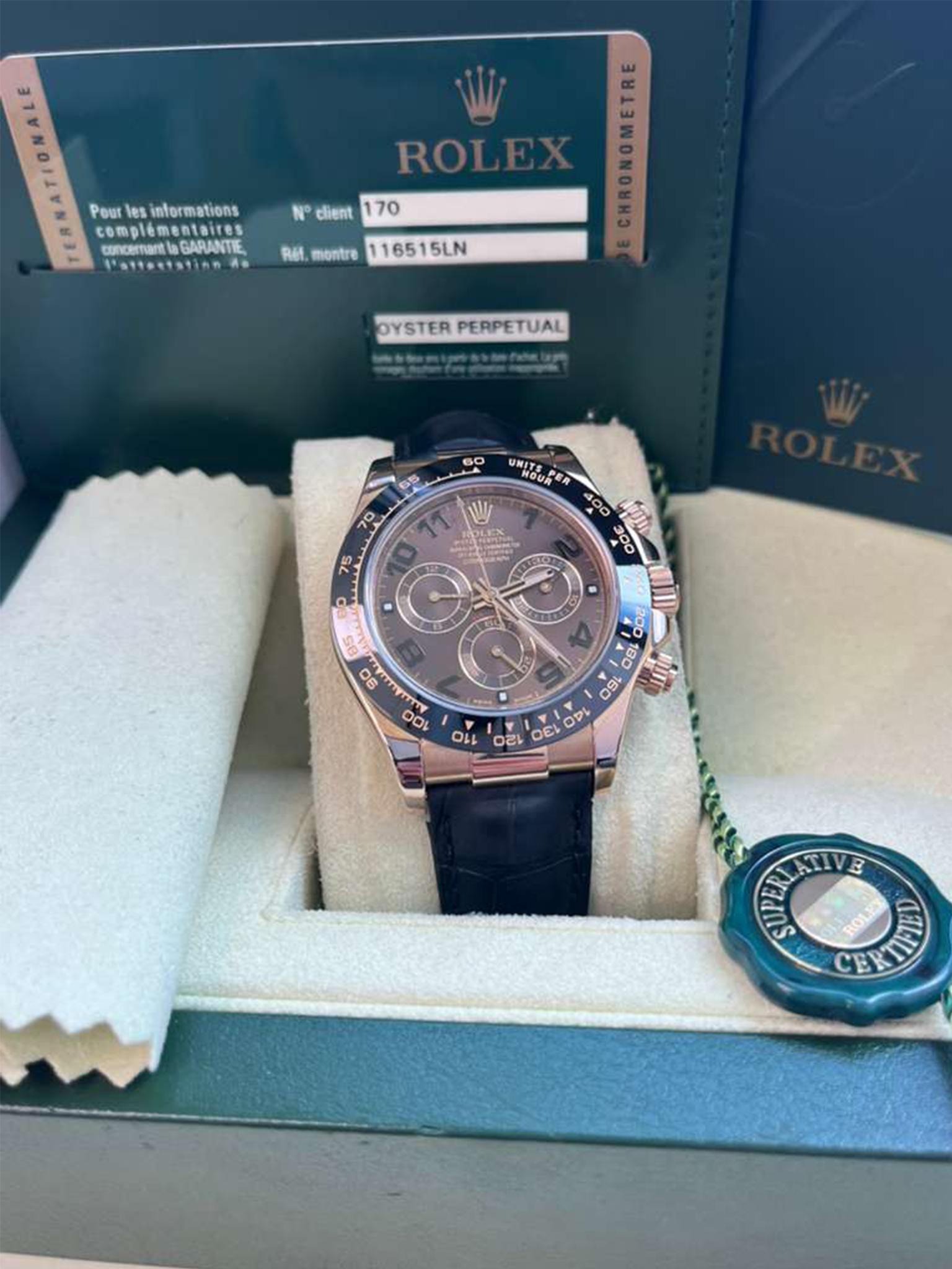 Rolex Daytona Cosmograph Ceramic Bezel Crocodile Strap Rose Gold Watch 116515LN For Sale 7