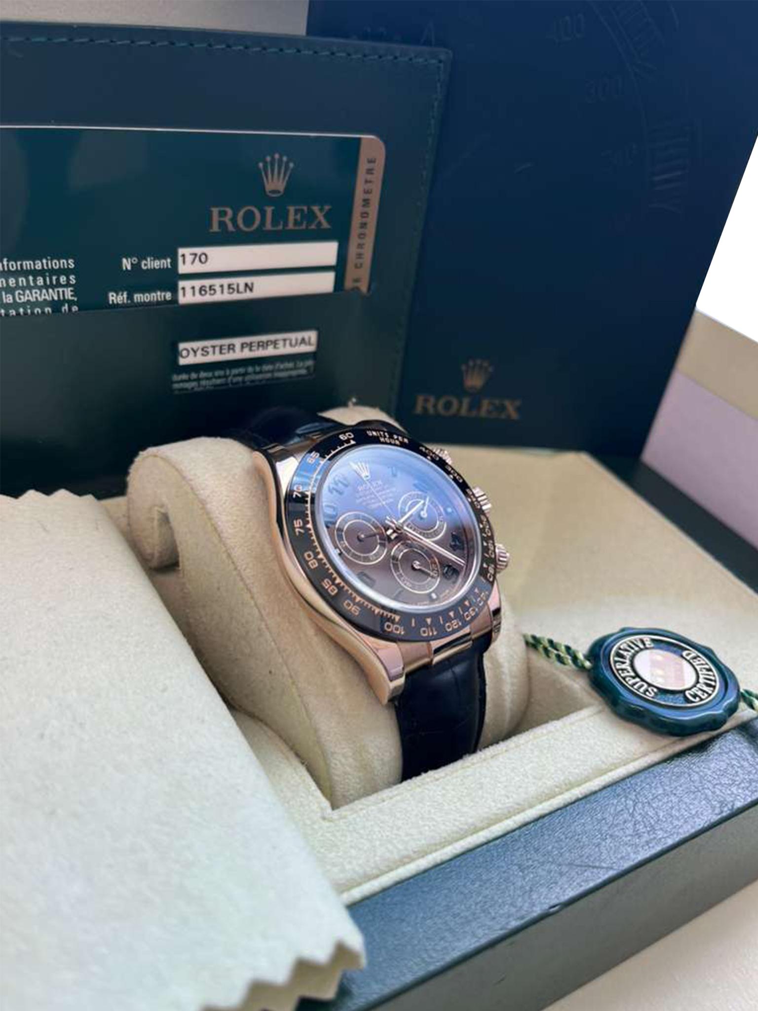Rolex Daytona Cosmograph Ceramic Bezel Crocodile Strap Rose Gold Watch 116515LN For Sale 8