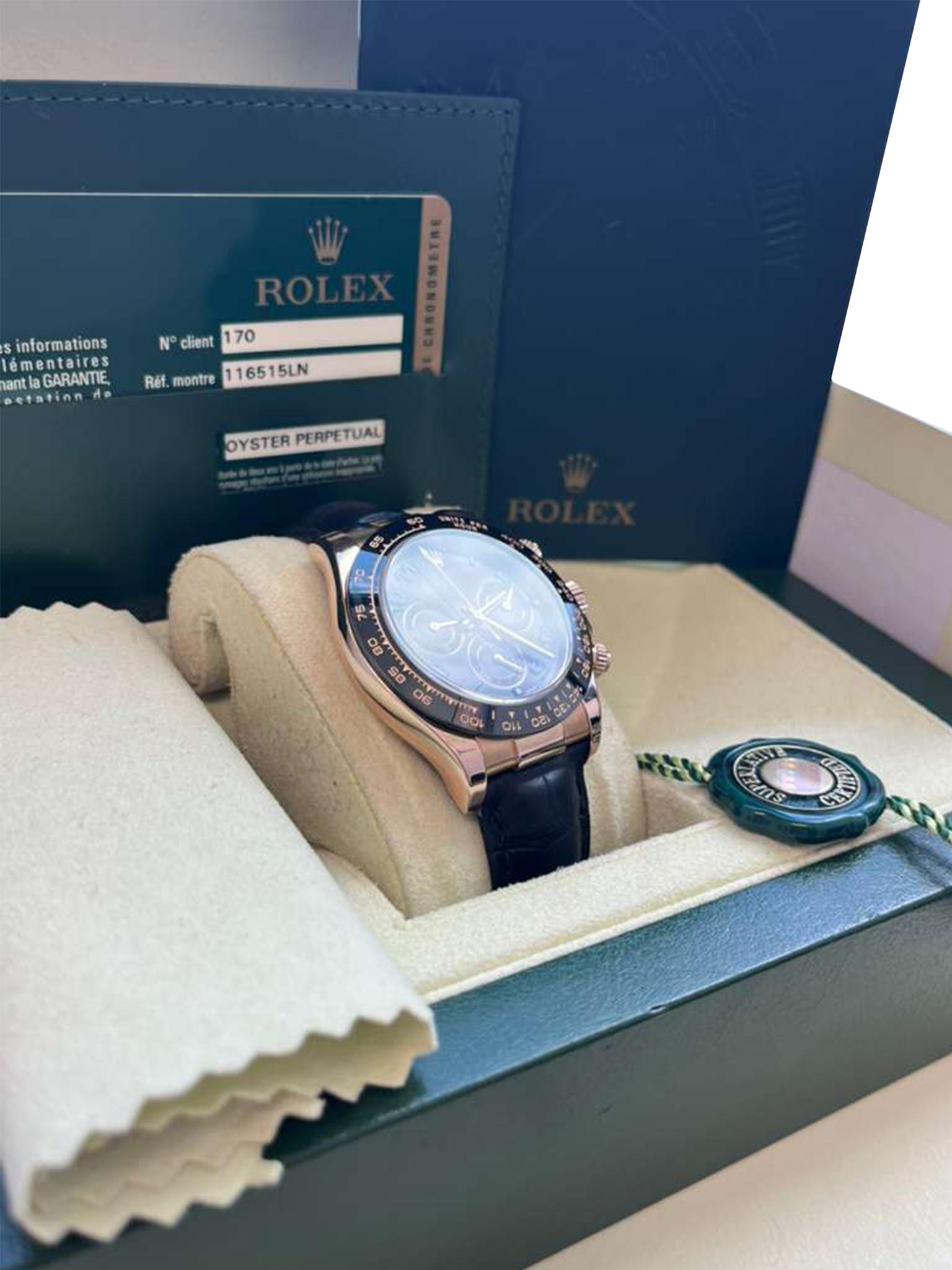 Rolex Daytona Cosmograph Ceramic Bezel Crocodile Strap Rose Gold Watch 116515LN For Sale 9