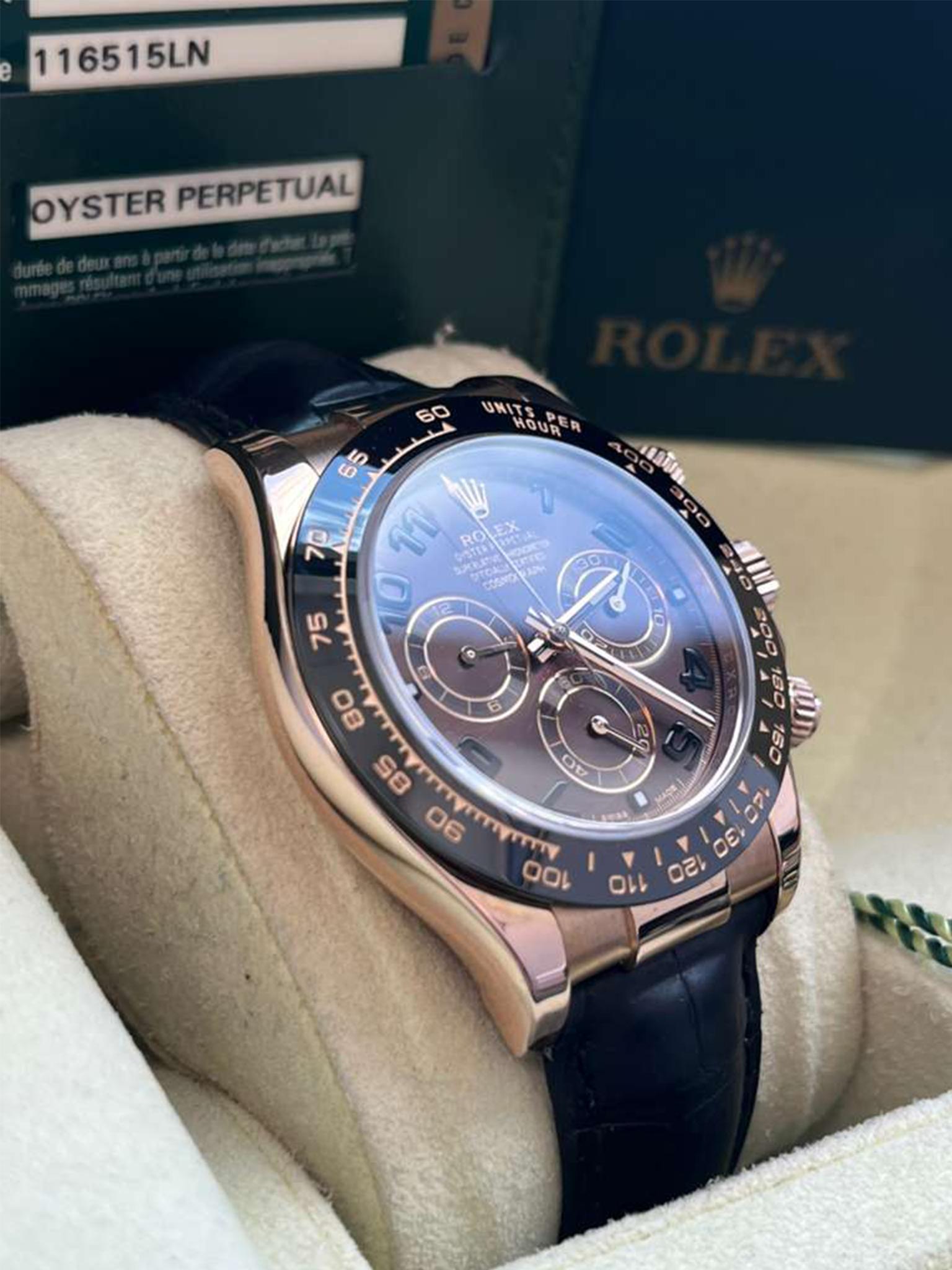 Rolex Daytona Cosmograph Ceramic Bezel Crocodile Strap Rose Gold Watch 116515LN For Sale 10