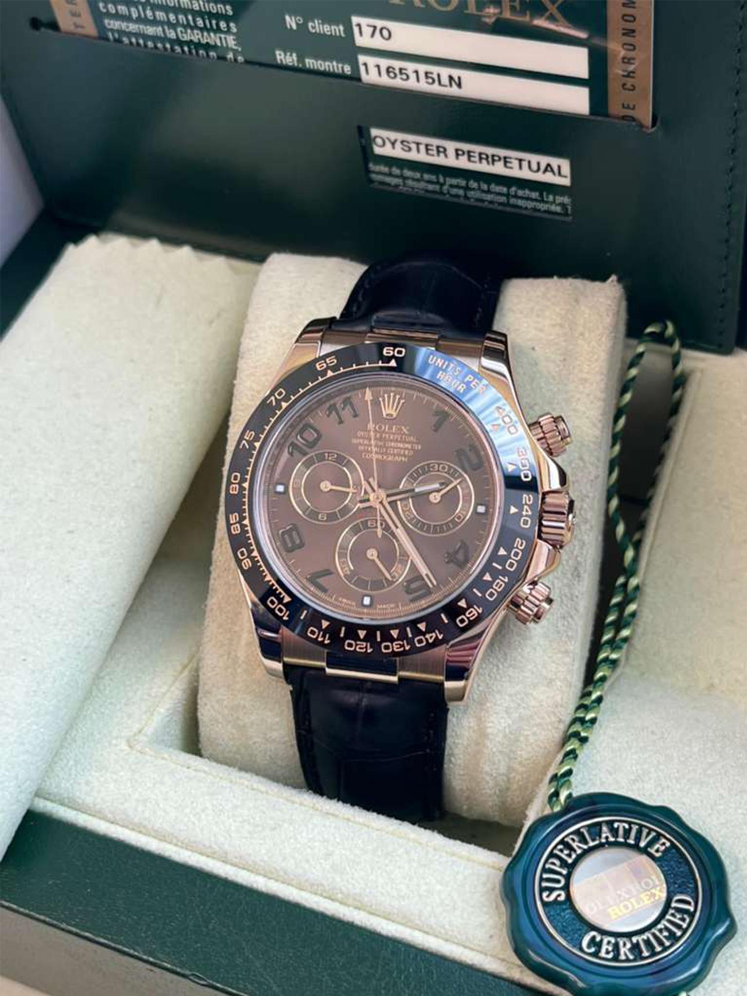 Rolex Daytona Cosmograph Ceramic Bezel Crocodile Strap Rose Gold Watch 116515LN For Sale 11