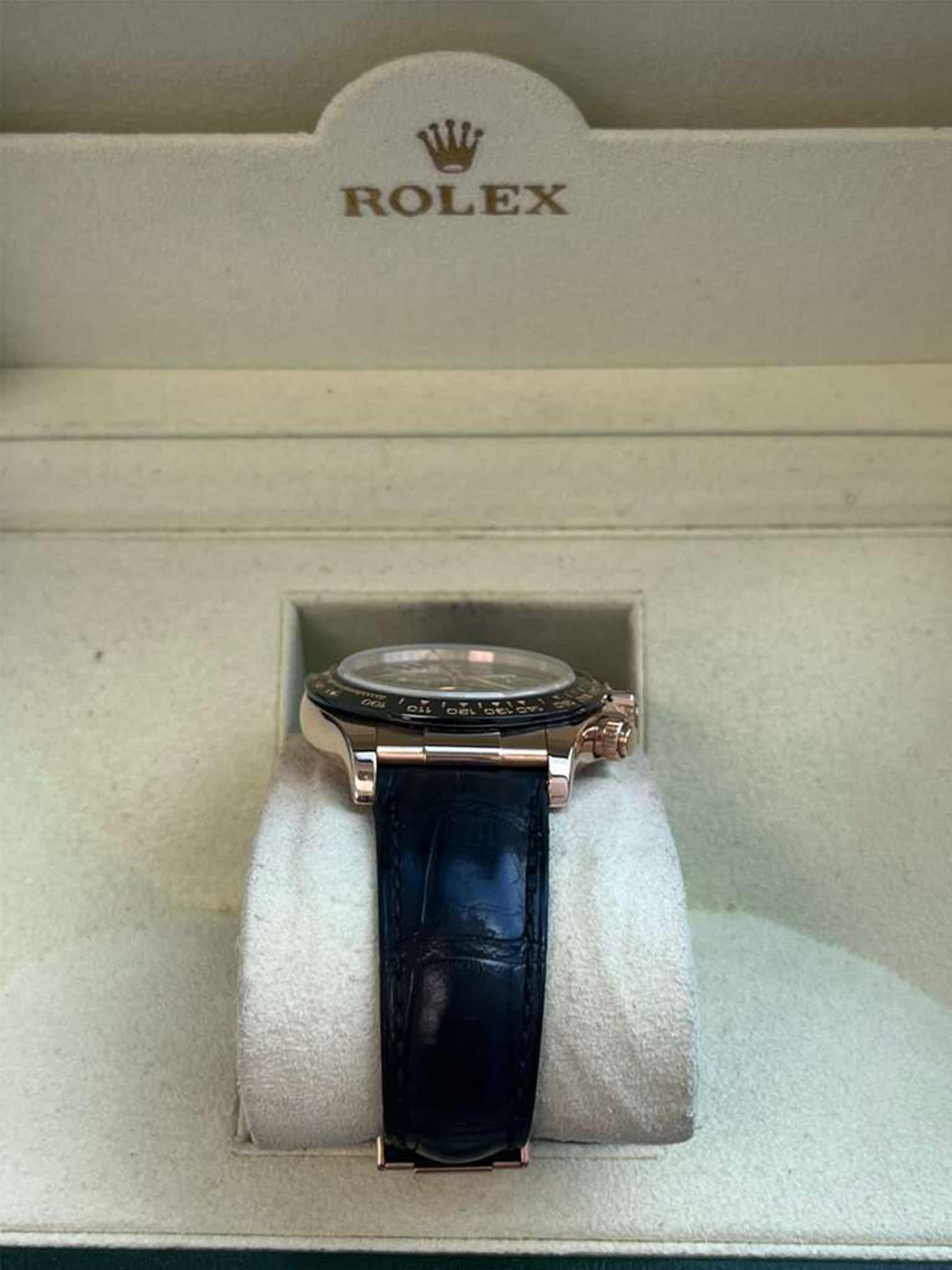 Rolex Daytona Cosmograph Ceramic Bezel Crocodile Strap Rose Gold Watch 116515LN For Sale 13
