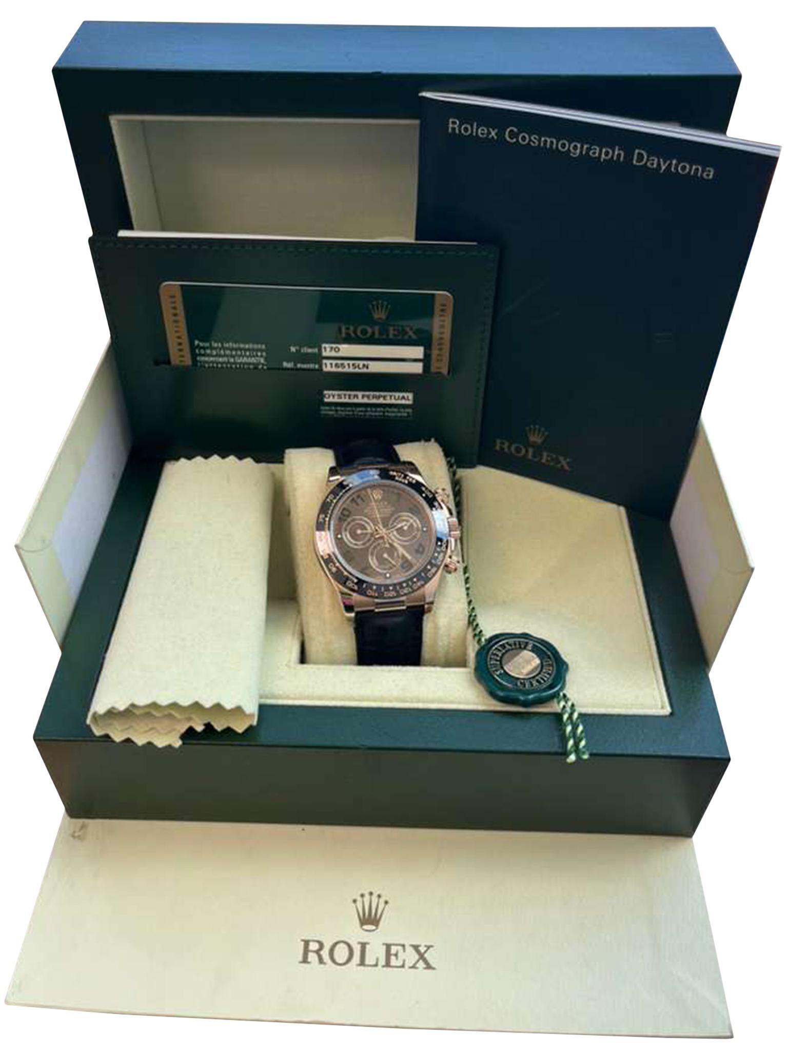 Rolex Daytona Cosmograph Rose Gold Mens Watch 116515. Officially certified chronometer automatic self-winding movement. 18K rose gold oyster case 40.0 mm in diameter. Special screw-down crown and pushers. Rolex logo on the crown. Black ceramic bezel