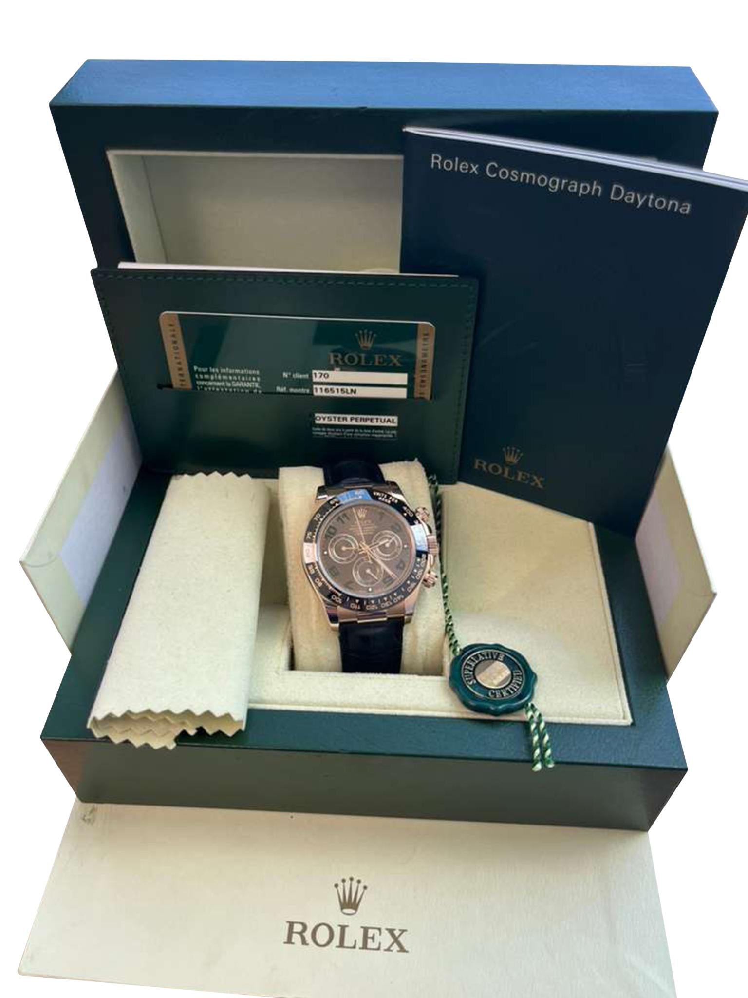 Modernist Rolex Daytona Cosmograph Ceramic Bezel Crocodile Strap Rose Gold Watch 116515LN For Sale