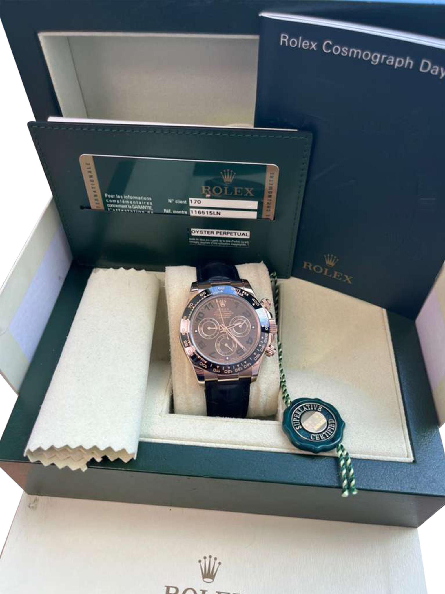 Rolex Daytona Cosmograph Ceramic Bezel Crocodile Strap Rose Gold Watch 116515LN In Excellent Condition For Sale In Aventura, FL